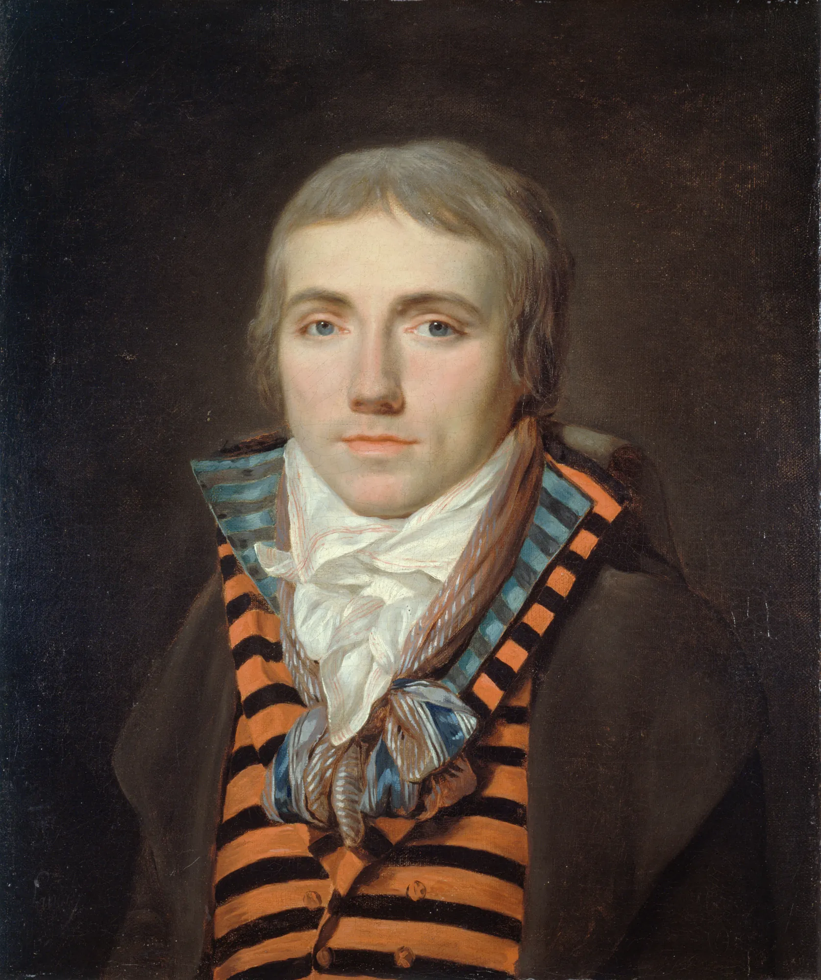 Portrait of Jean-Louis Laya Portrait of Jean-Louis Laya by Louis Landry. A head-and-shoulders portrait of a fair-haired man wearing a white cravat and a bold orange and black striped waistcoat under a dark brown coat.