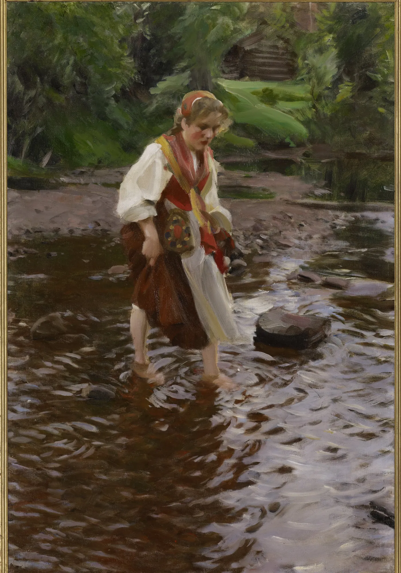 The Girl from Älvdalen The Girl from Älvdalen by Anders Zorn. A young woman in traditional Swedish dress wades barefoot through a shallow, sun-dappled forest stream.