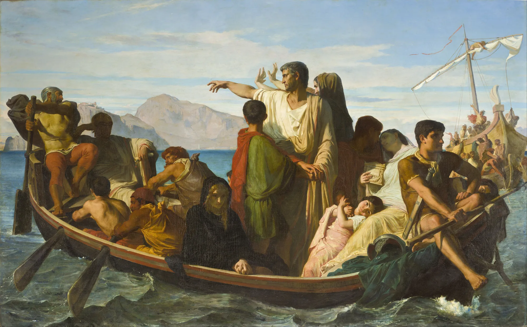 Tiberius Exiles Tiberius Exiles by Félix-Joseph Barrias. A large group of figures in classical Roman attire are crowded into a wooden boat on a choppy sea against a backdrop of distant mountains.