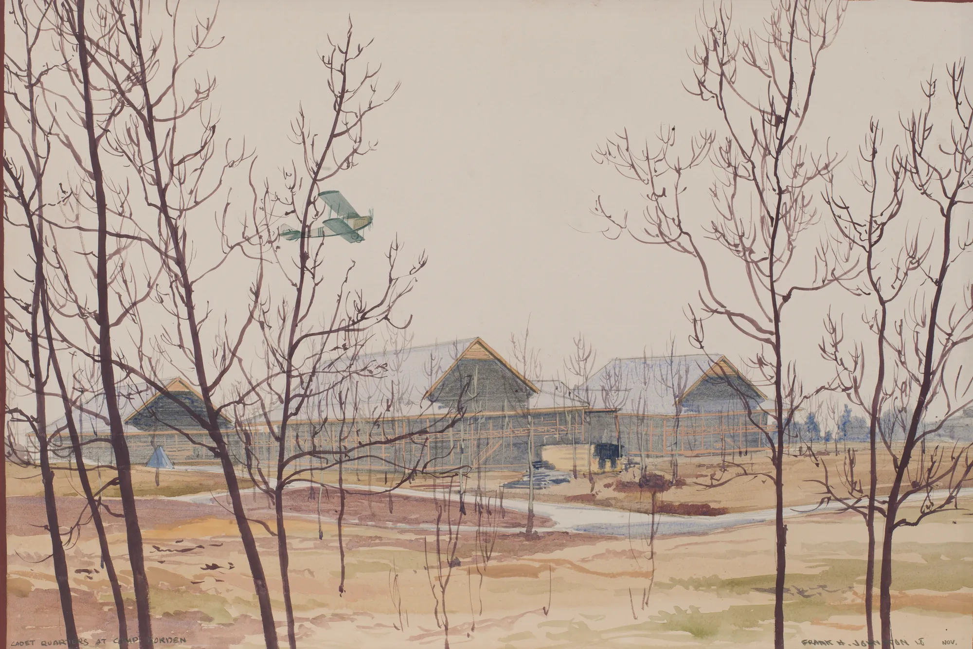 Cadet Quarters, Camp Borden Cadet Quarters, Camp Borden by Frank Johnston. A muted watercolor landscape of barracks at Camp Borden, viewed through thin, leafless trees with a small biplane flying in the distance.