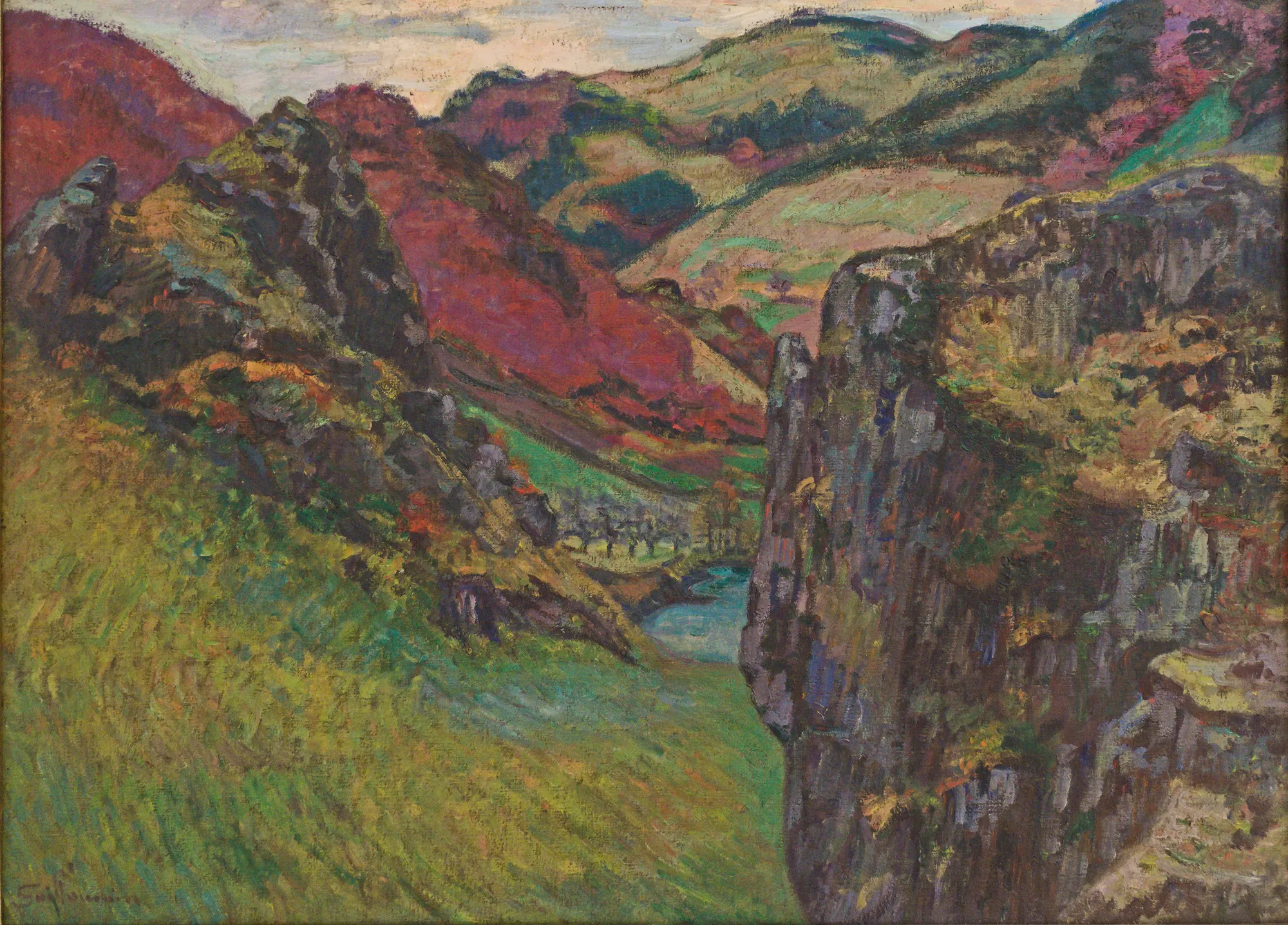Landscape near Saint-Julien-des-Chazes Landscape near Saint-Julien-des-Chazes by Armand Guillaumin. A vibrant Impressionist landscape depicting steep rocky cliffs and rolling hills in shades of green, purple, and ochre under a pale sky.