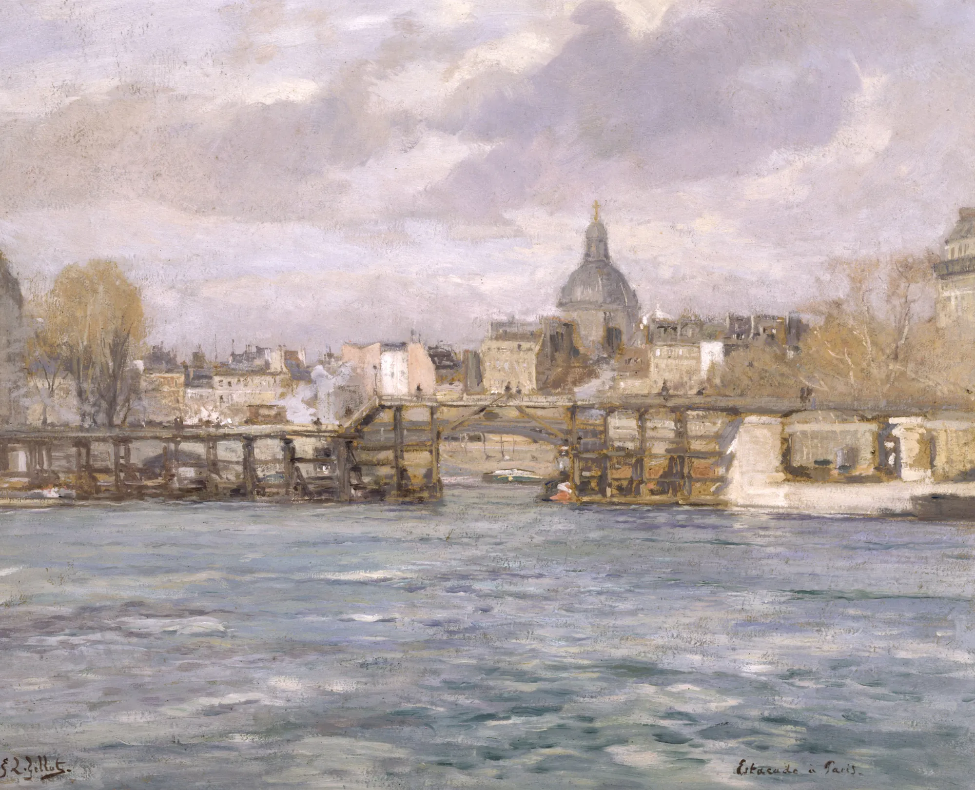 L'estacade de l'île Saint-Louis L'estacade de l'île Saint-Louis by Eugène Louis Gillot. An Impressionist oil painting of a wooden pier on the River Seine in Paris, featuring city buildings and a distant dome under an atmospheric, cloudy sky.