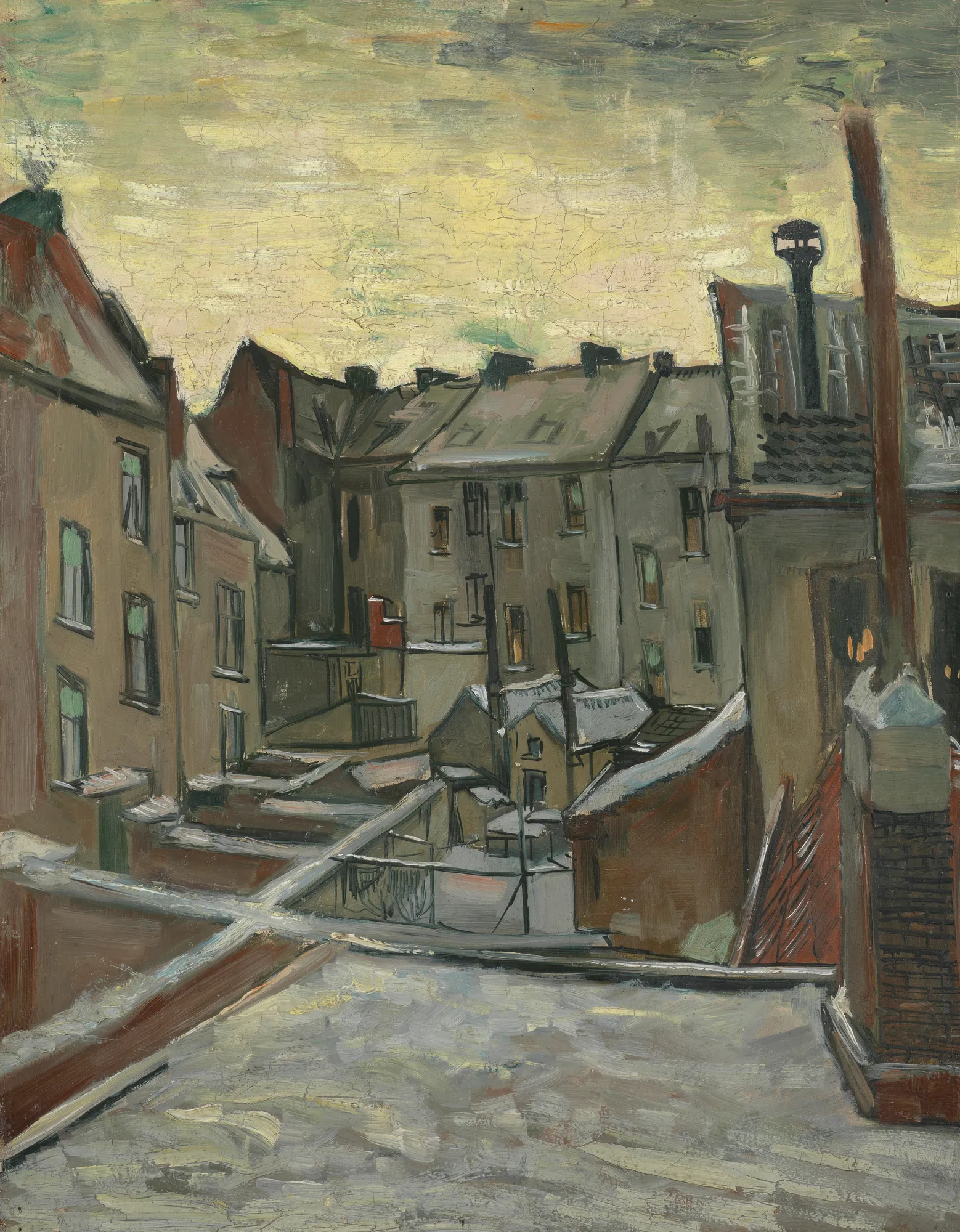 Houses Seen from the Back Houses Seen from the Back by Vincent van Gogh. An urban landscape depicting the rear facades of tall, gray buildings under a pale, overcast sky.