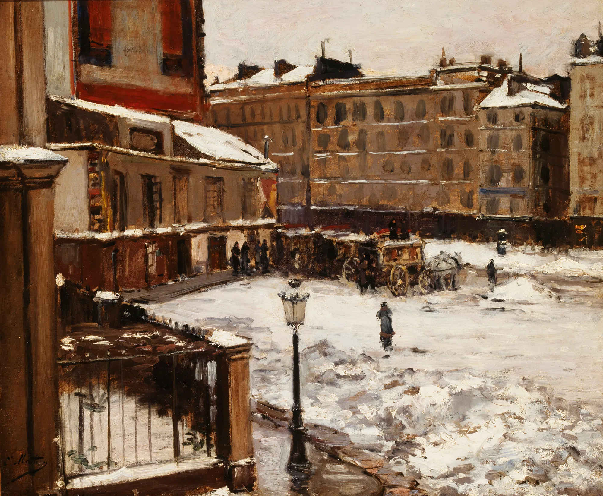 Place Pigalle Under Snow Place Pigalle Under Snow by Émile Mathon. A snowy street scene in Paris showing Place Pigalle with horse-drawn carriages and figures under a overcast winter sky.