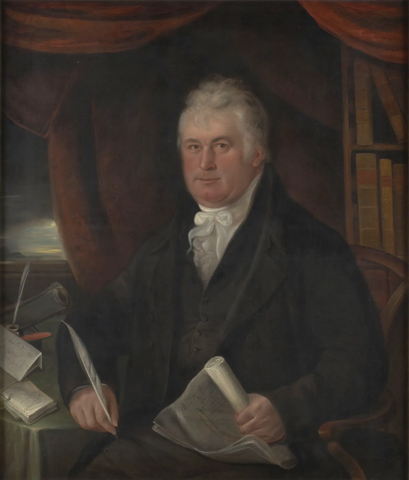 Thomas Coke, 1st Earl of Leicester Thomas Coke, 1st Earl of Leicester by Thomas Weaver. A formal oil portrait of a gentleman seated at a desk, holding a quill and document with a library and red drapes in the background.