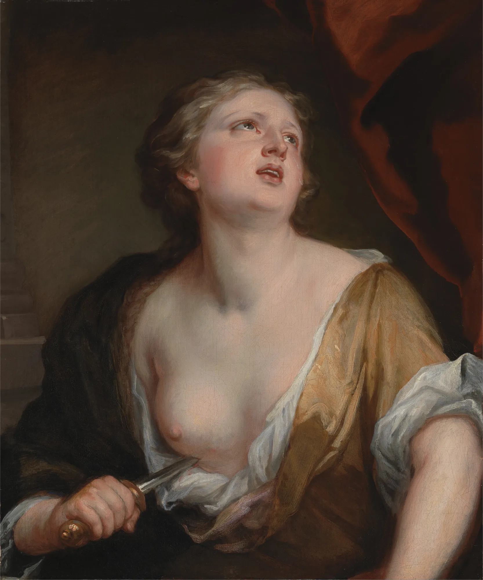 Lucretia Lucretia by Godfrey Kneller. A dramatic Baroque oil painting of Lucretia looking upward in distress while holding a dagger to her chest.