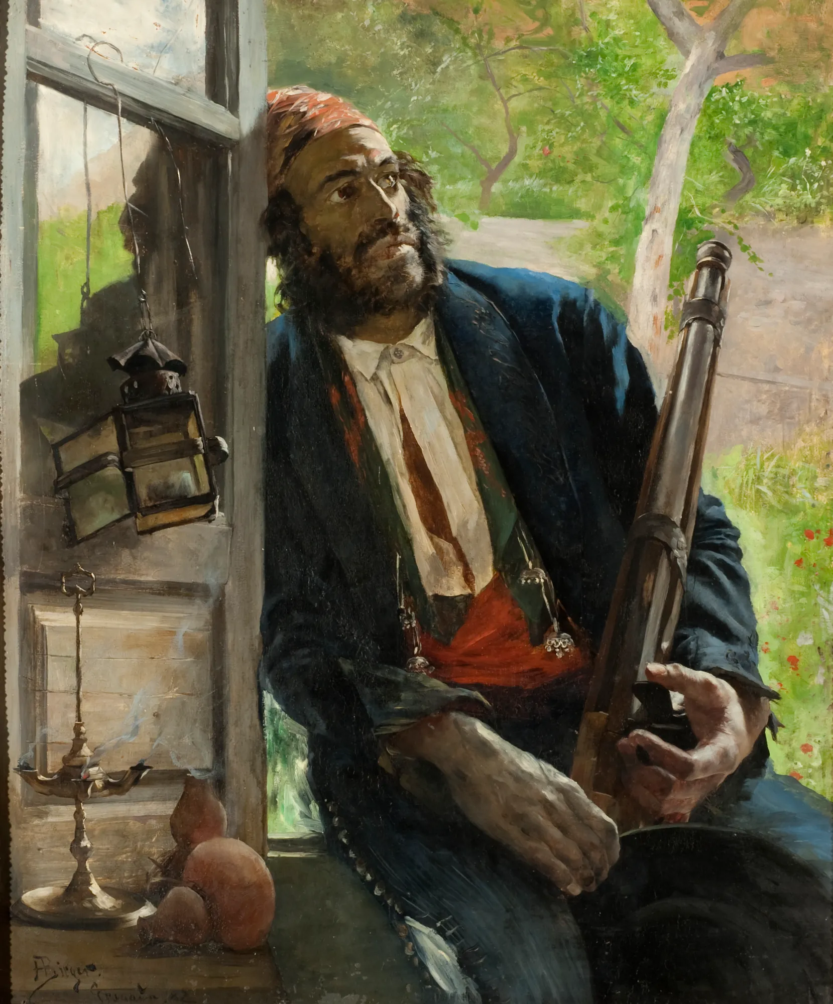 A Gypsy A Gypsy by Hugo Birger. A bearded man wearing a red headscarf and a blue jacket leans against a window frame while holding a large wooden pipe and looking upward.
