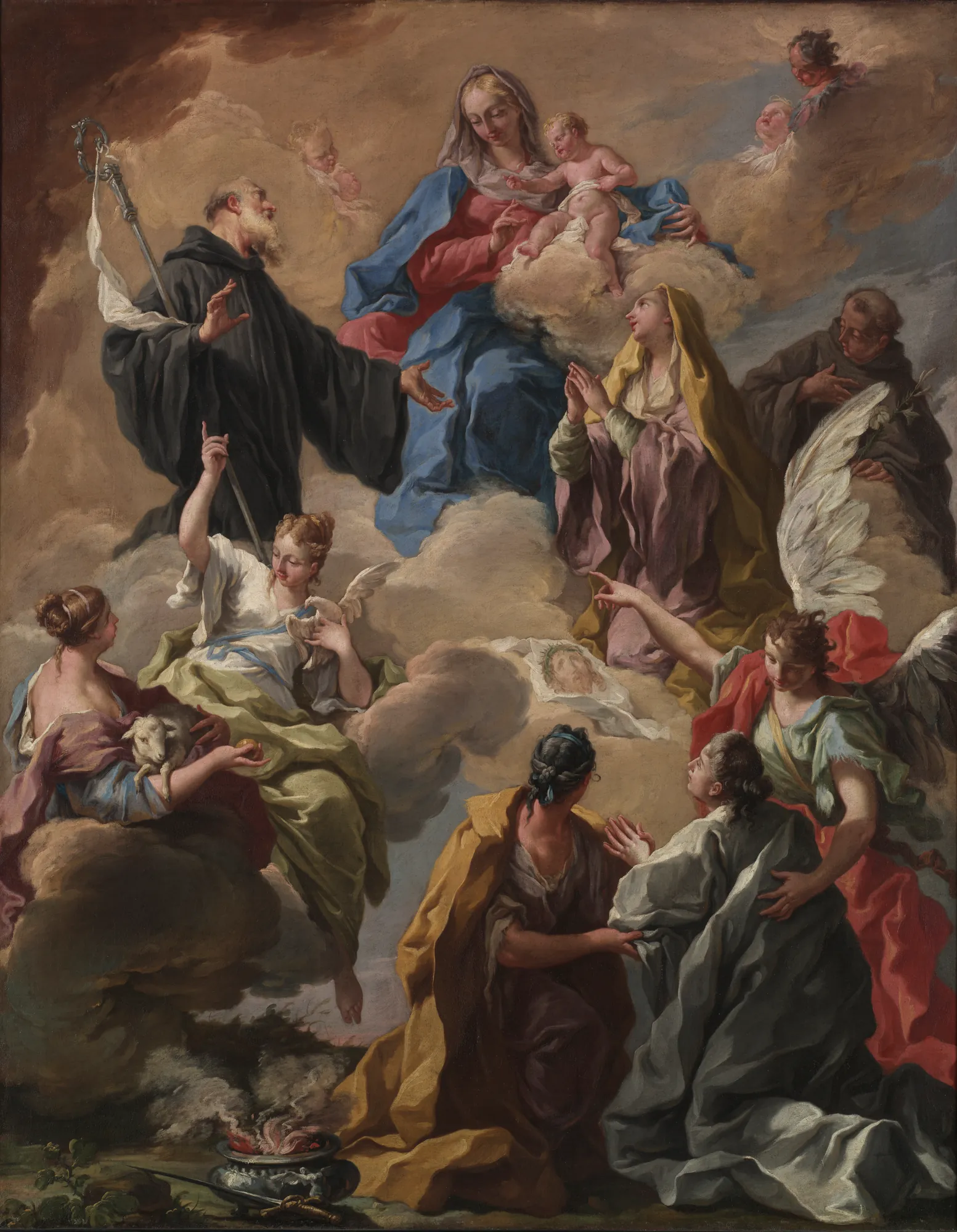 Saints Presenting a Devout Woman to the Virgin and Child Saints Presenting a Devout Woman to the Virgin and Child by Giambattista Pittoni. A dynamic Rococo painting depicting saints presenting a kneeling woman to the Virgin Mary and Christ Child amidst a swirling sky of clouds.