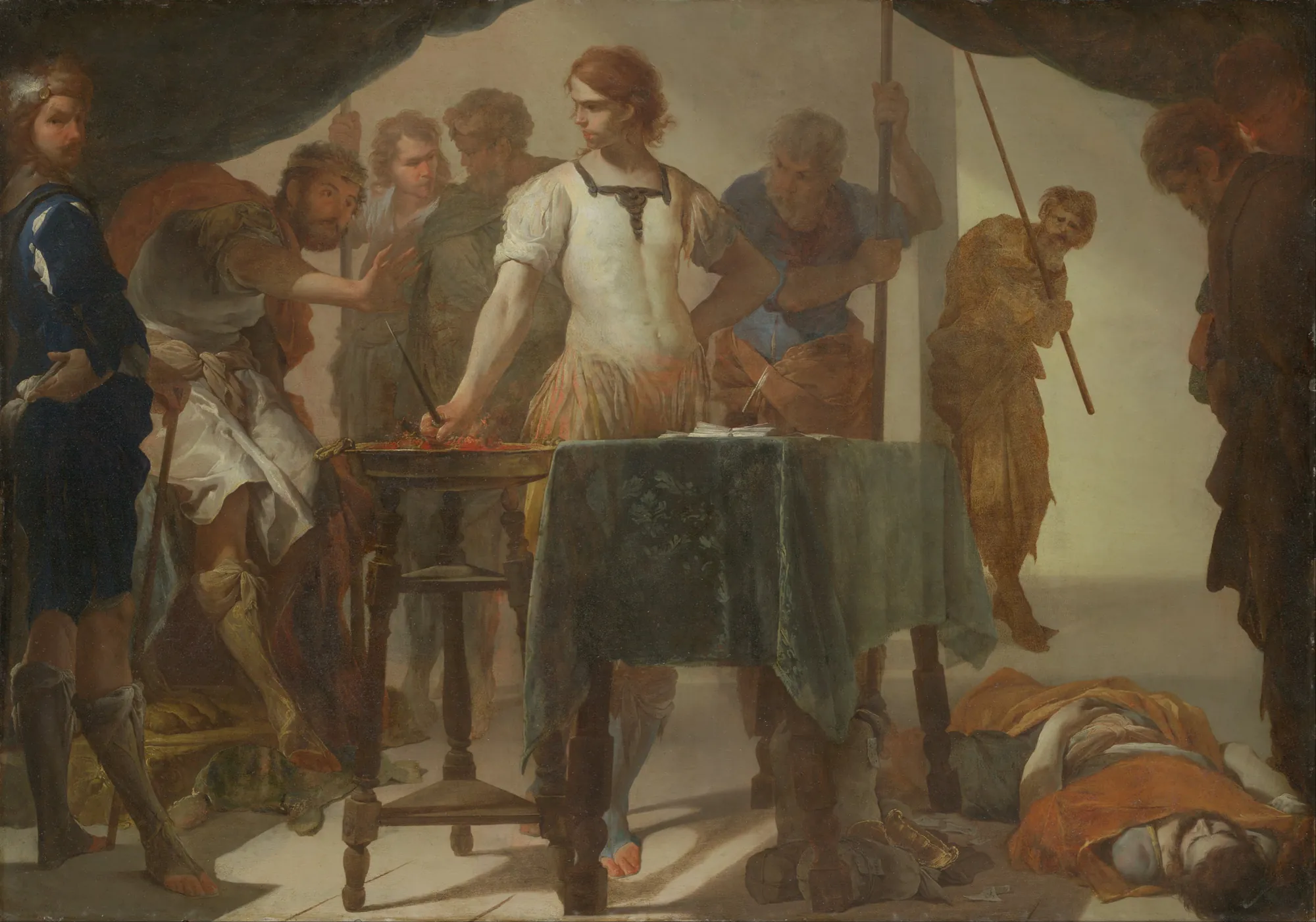 Mucius Scaevola Confronting King Porsenna Mucius Scaevola Confronting King Porsenna by Bernardo Cavallino. A theatrical scene depicting a young man thrusting his hand into a flaming brazier while standing before a seated king and several attentive soldiers.