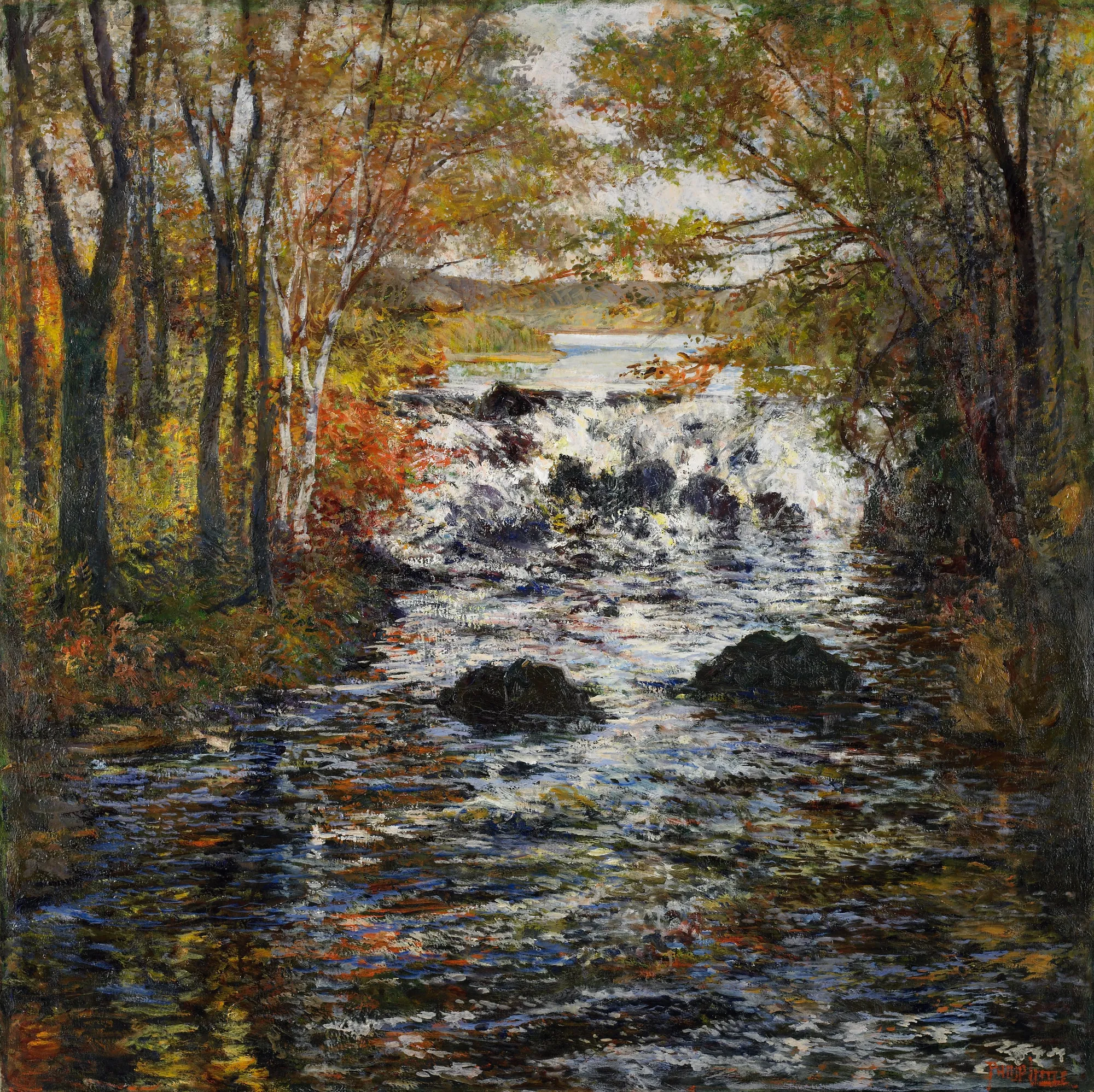 The Upper Ipswich River The Upper Ipswich River by Philip Little. An impressionist landscape depicting a rocky, rushing river framed by autumnal trees under a bright sky.