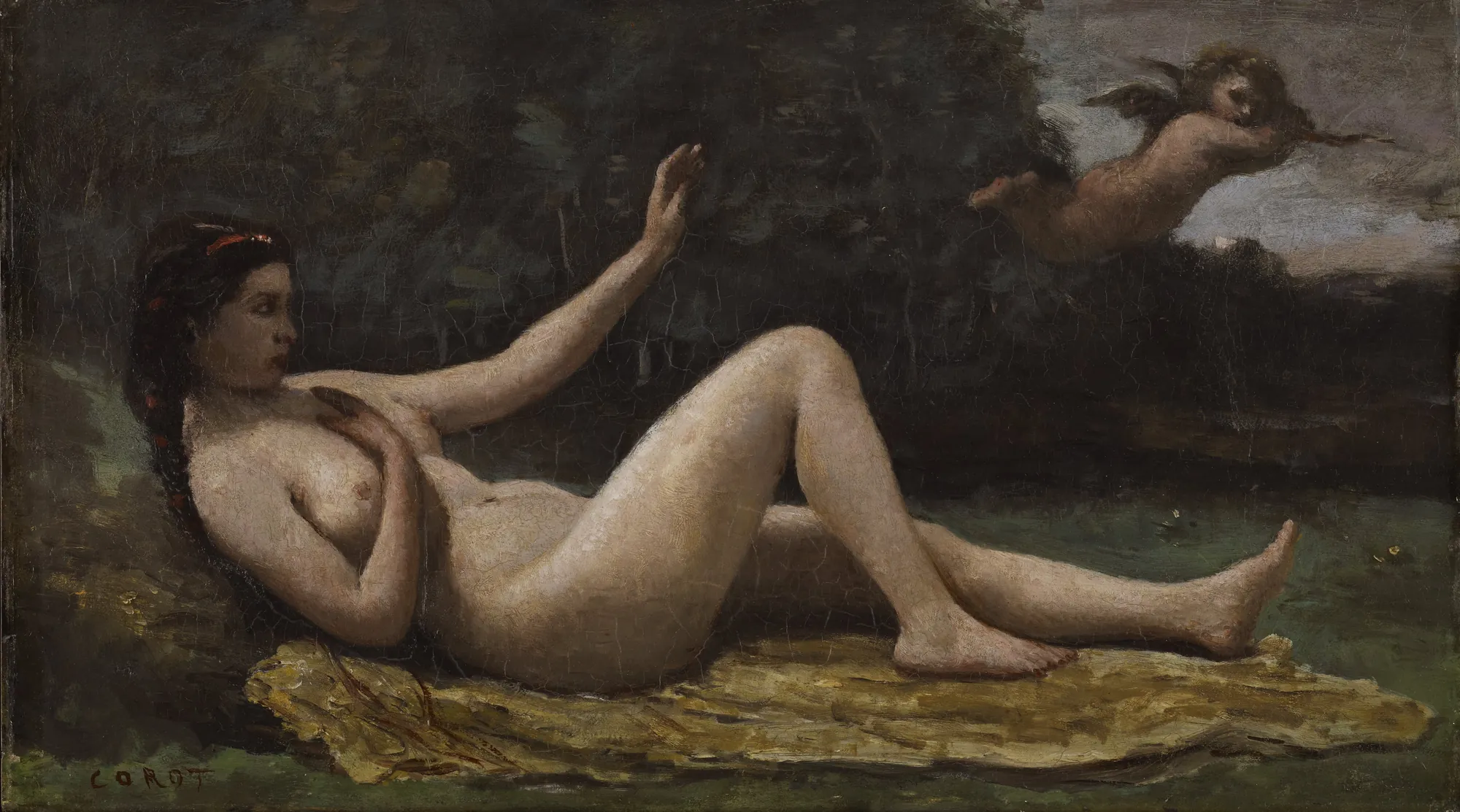Evocation of Love Evocation of Love by Jean-Baptiste Camille Corot. A reclining nude woman reaches out toward a winged cherub flying in a dark, atmospheric woodland setting.