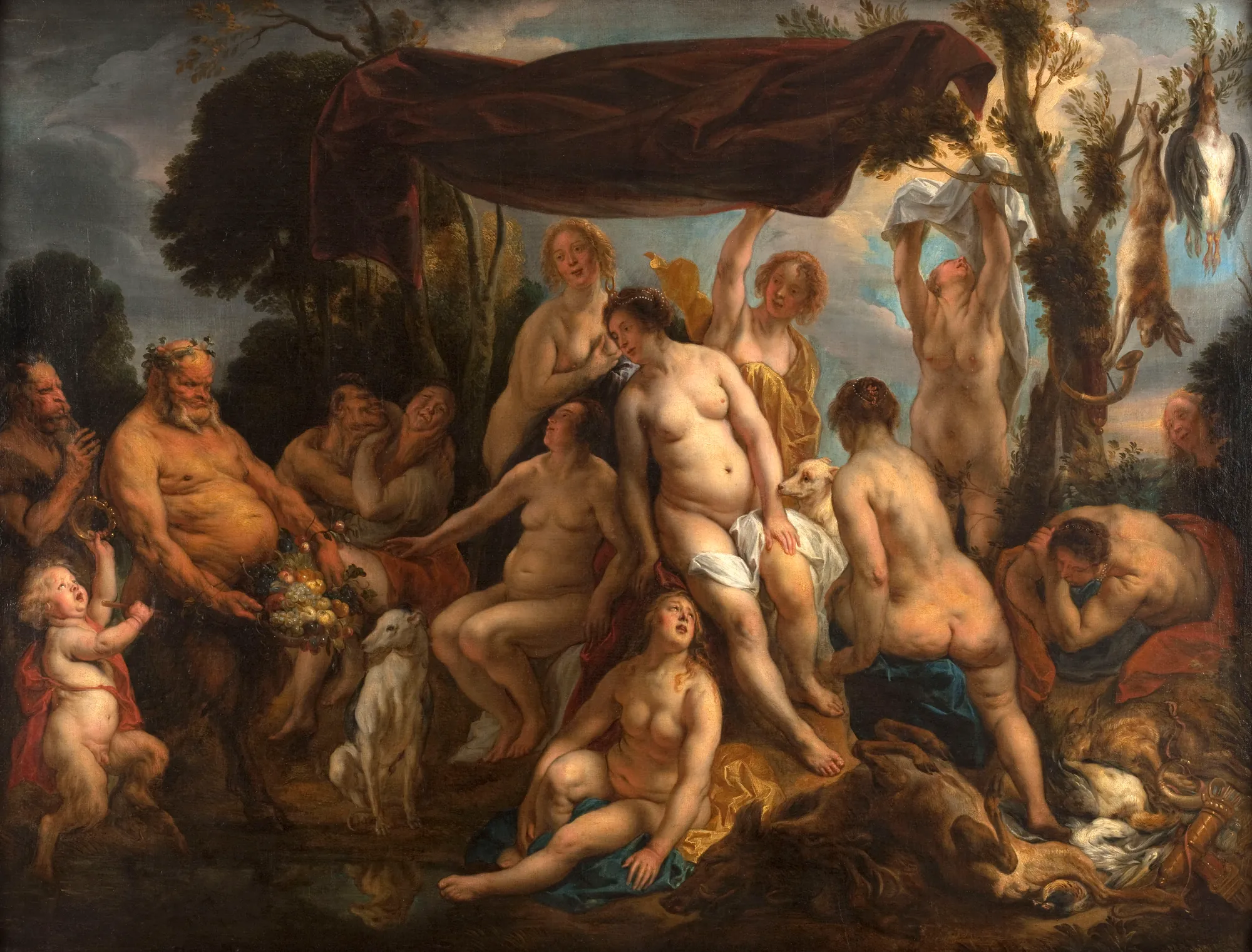 The Rest of Diana The Rest of Diana by Jacob Jordaens. A group of nymphs and satyrs rest in a wooded landscape surrounded by hunting hounds and game under a draped canopy.