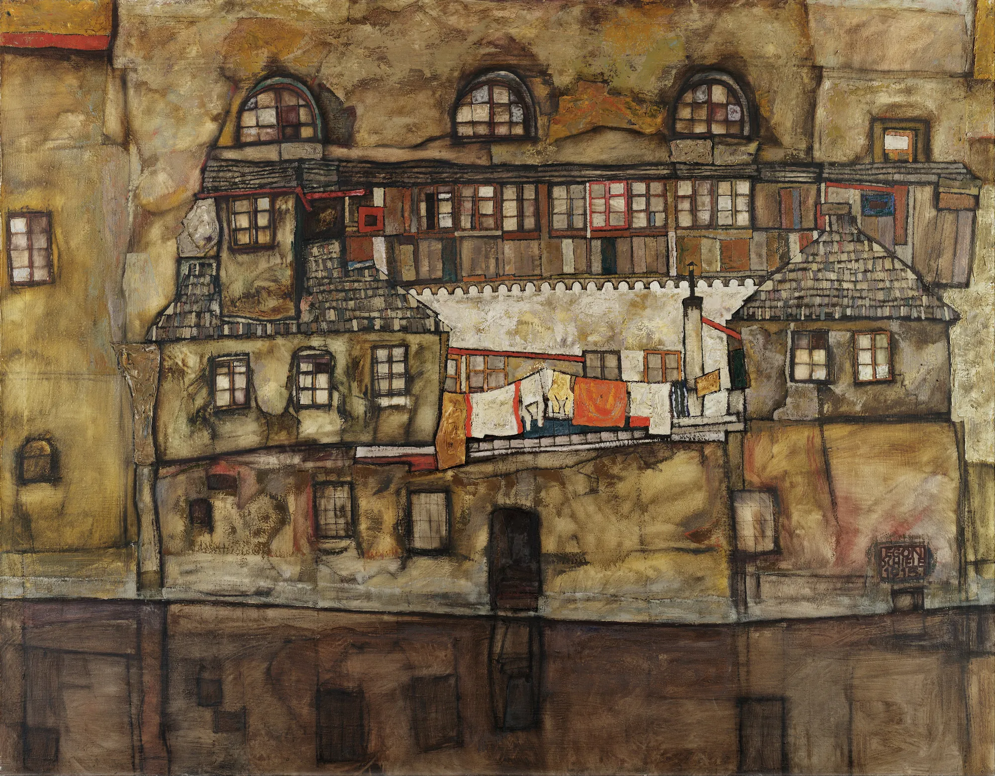House Wall on the River House Wall on the River by Egon Schiele. A complex composition of aged building facades with many windows and laundry reflected in a dark river.