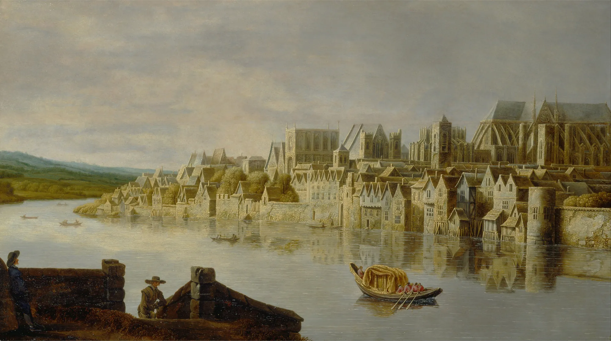 The Thames at Westminster Stairs The Thames at Westminster Stairs by Claude de Jongh. A wide-angle panoramic view of the 17th-century London waterfront featuring Westminster Abbey and the Thames river filled with small rowboats.