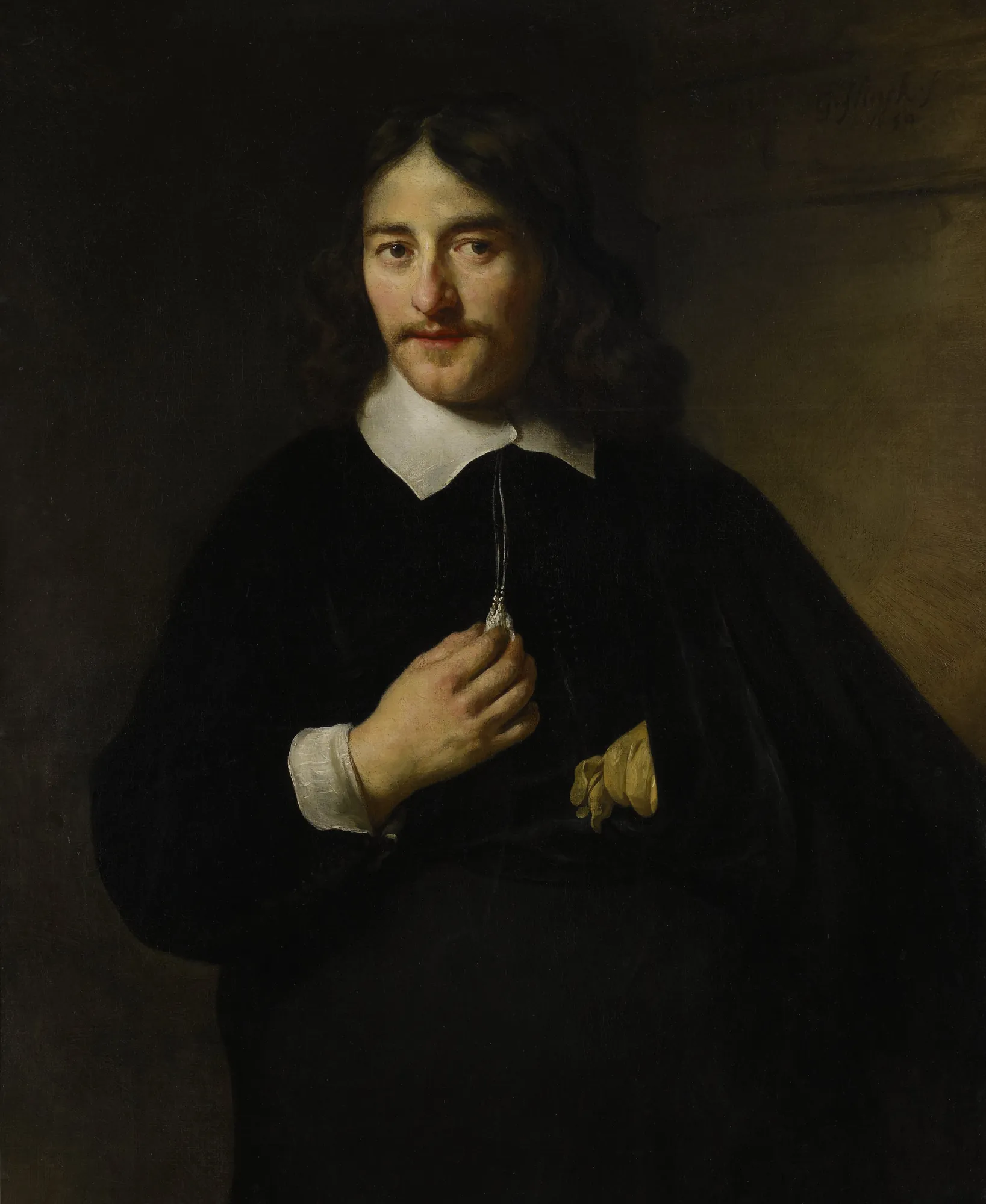 Portrait of a Man Portrait of a Man by Govert Flinck. A three-quarter length portrait of a man with dark hair and a mustache, wearing a black cloak with a white collar and holding a glove.