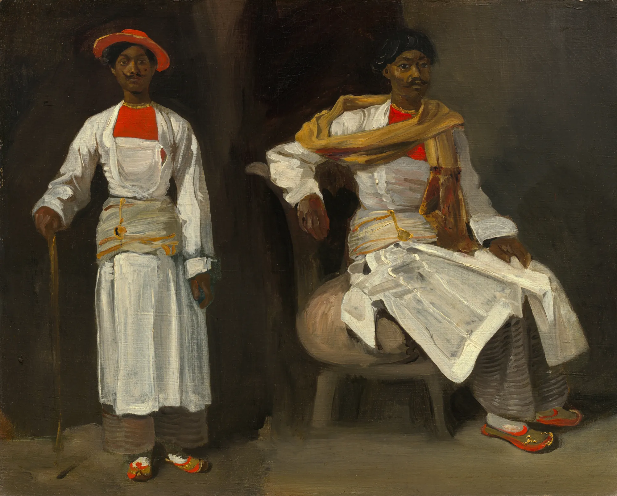 Two Studies of an Indian from Calcutta Two Studies of an Indian from Calcutta by Eugène Delacroix. An oil painting depicting two studies of a man in traditional Indian attire, one standing with a cane and the other seated against a dark, atmospheric background.