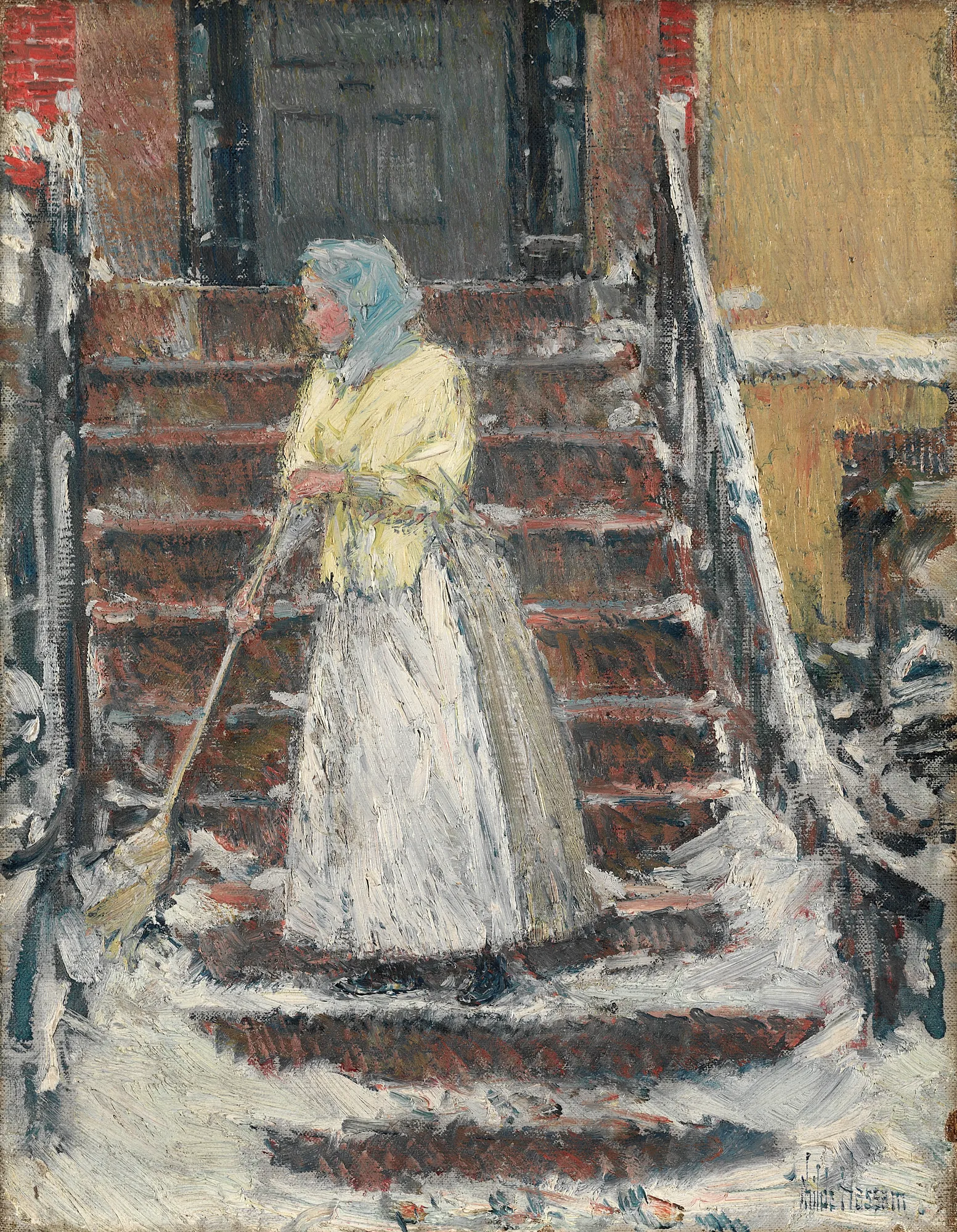 Sweeping Snow Sweeping Snow by Childe Hassam. An impressionist painting of a woman in a yellow jacket and white skirt sweeping snow from brown wooden steps.