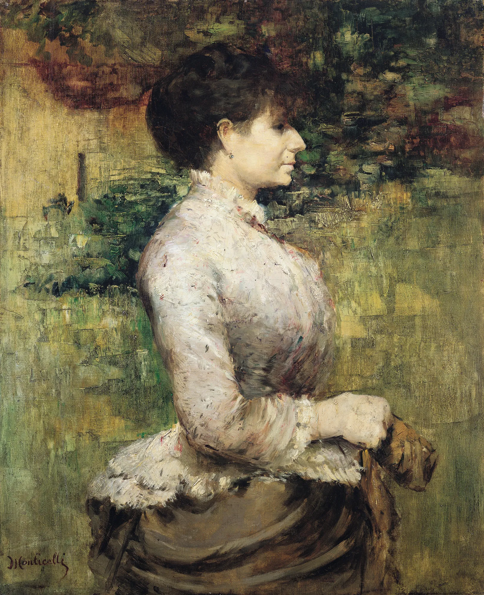 Portrait of Madame Rosenthal Portrait of Madame Rosenthal by Adolphe Joseph Thomas Monticelli. A profile portrait of a woman with dark hair wearing a light-colored, ruffled bodice and a dark skirt against a textured, earthy-toned background.
