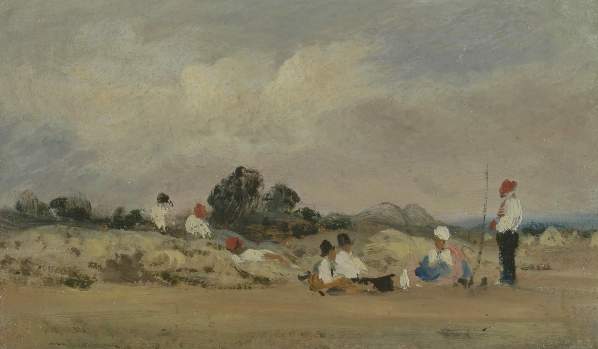 Haymakers Resting Haymakers Resting by Frederick W. Watts. A group of rural laborers resting in a field with haystacks under a large, cloudy sky.