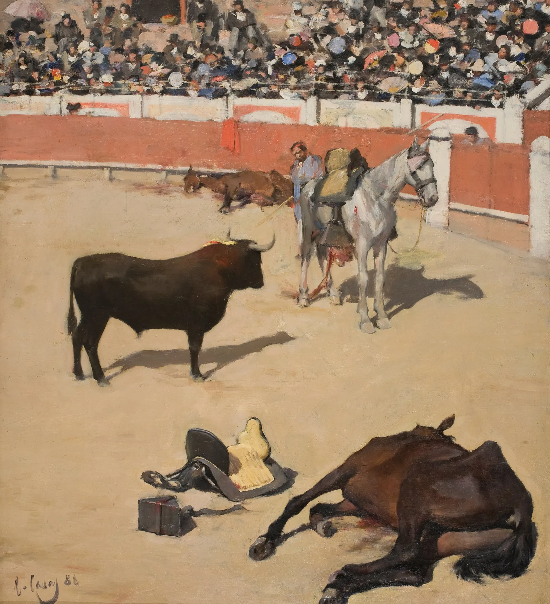 Bulls (Dead Horses) Bulls (Dead Horses) by Ramon Casas. An impressionist painting depicting a bullring scene with a black bull, a picador on a white horse, and dead horses on the sand in the foreground.