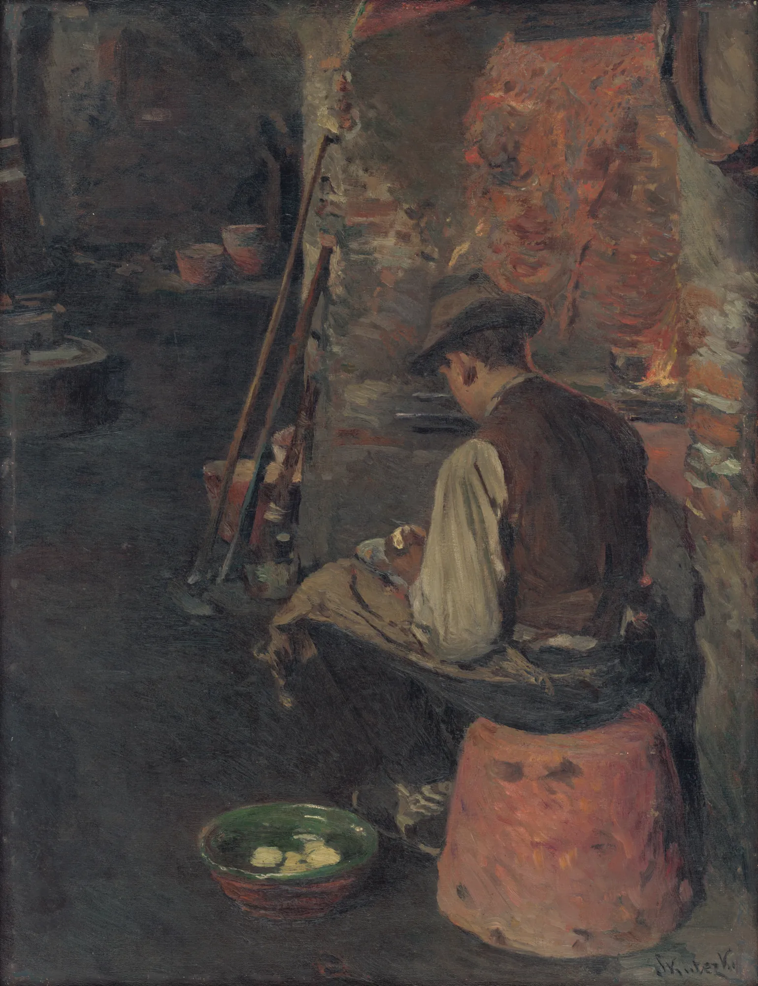Before Lunch (Pred obedom) Before Lunch (Pred obedom) by Döme Skuteczky. A man wearing a brimmed hat and vest sits in a dimly lit, rustic workshop interior, tending to a task before him.