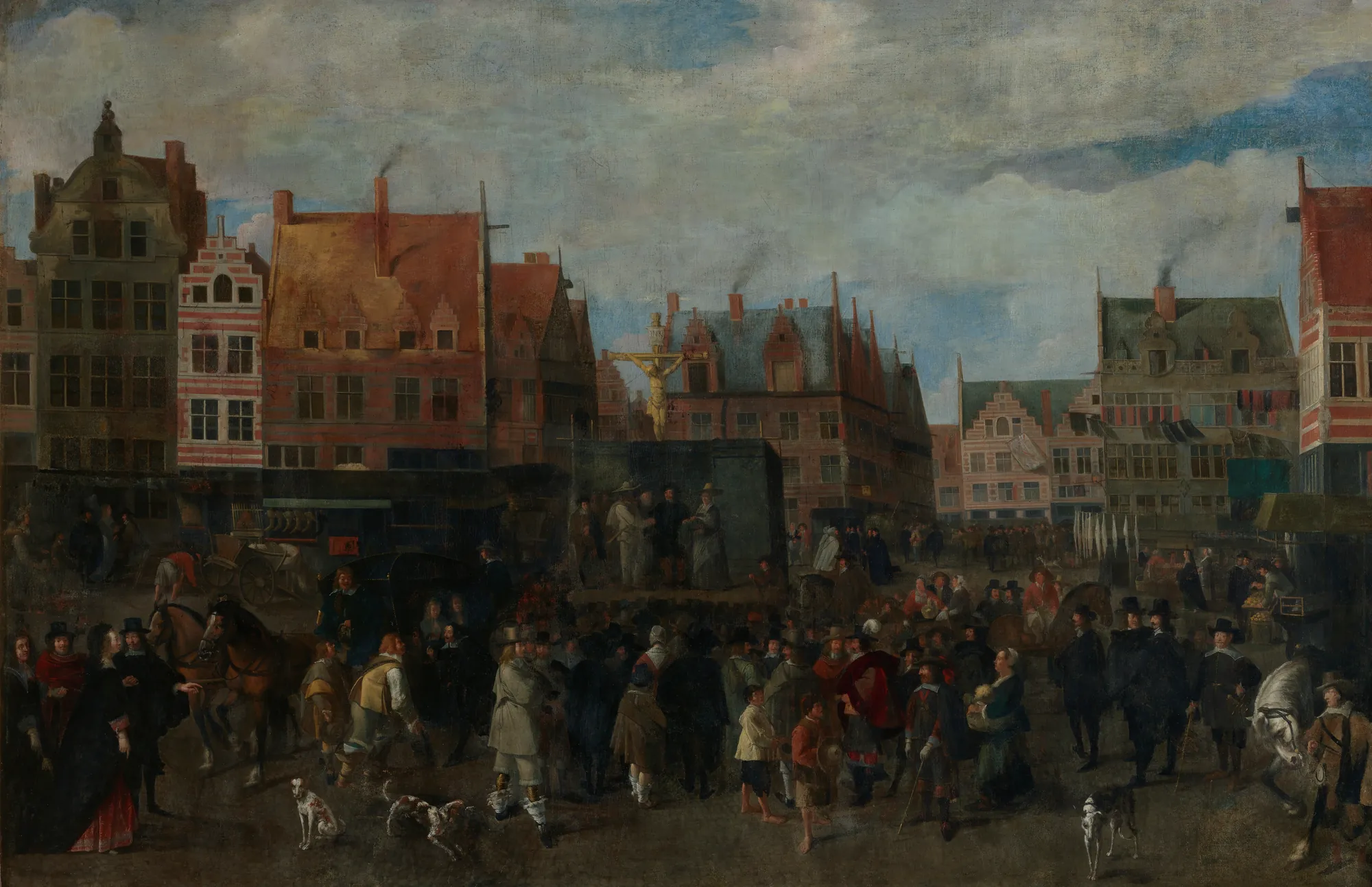 Fair on the Antwerp Meir Fair on the Antwerp Meir by Unknown Artist. A bustling 17th-century market scene in an Antwerp city square, with figures gathered around a platform and characterful gabled buildings.