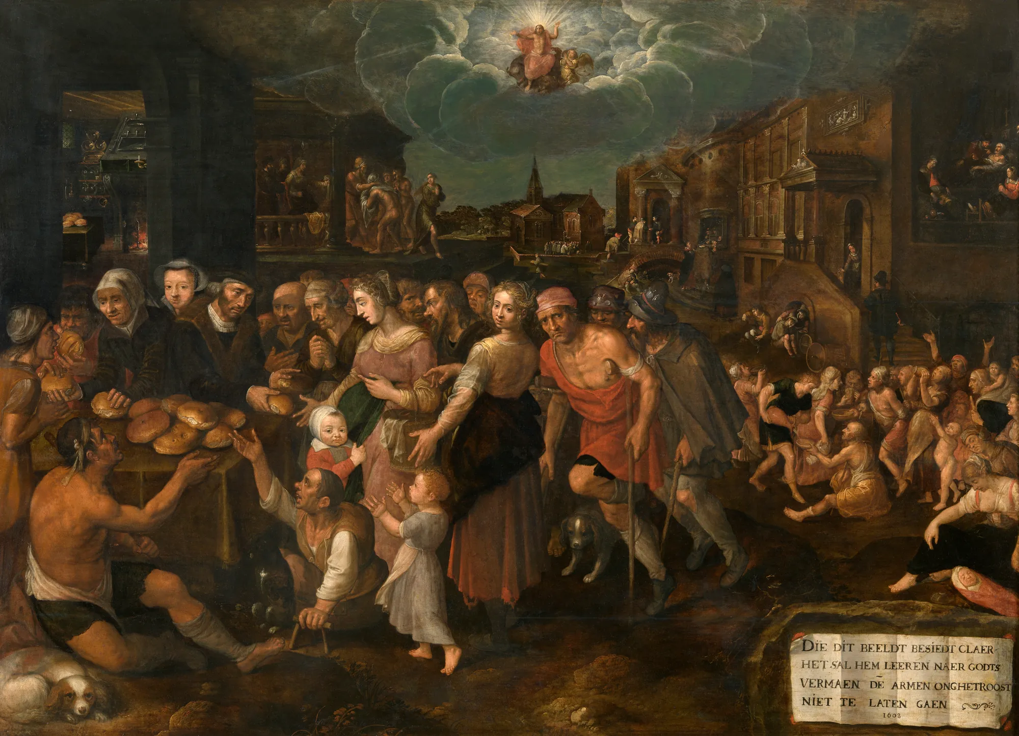 The Acts of Mercy The Acts of Mercy by Frans Francken the Younger. A complex, multi-figured scene in a Flemish town square depicting the various biblical acts of charity, with Christ appearing in the clouds above.