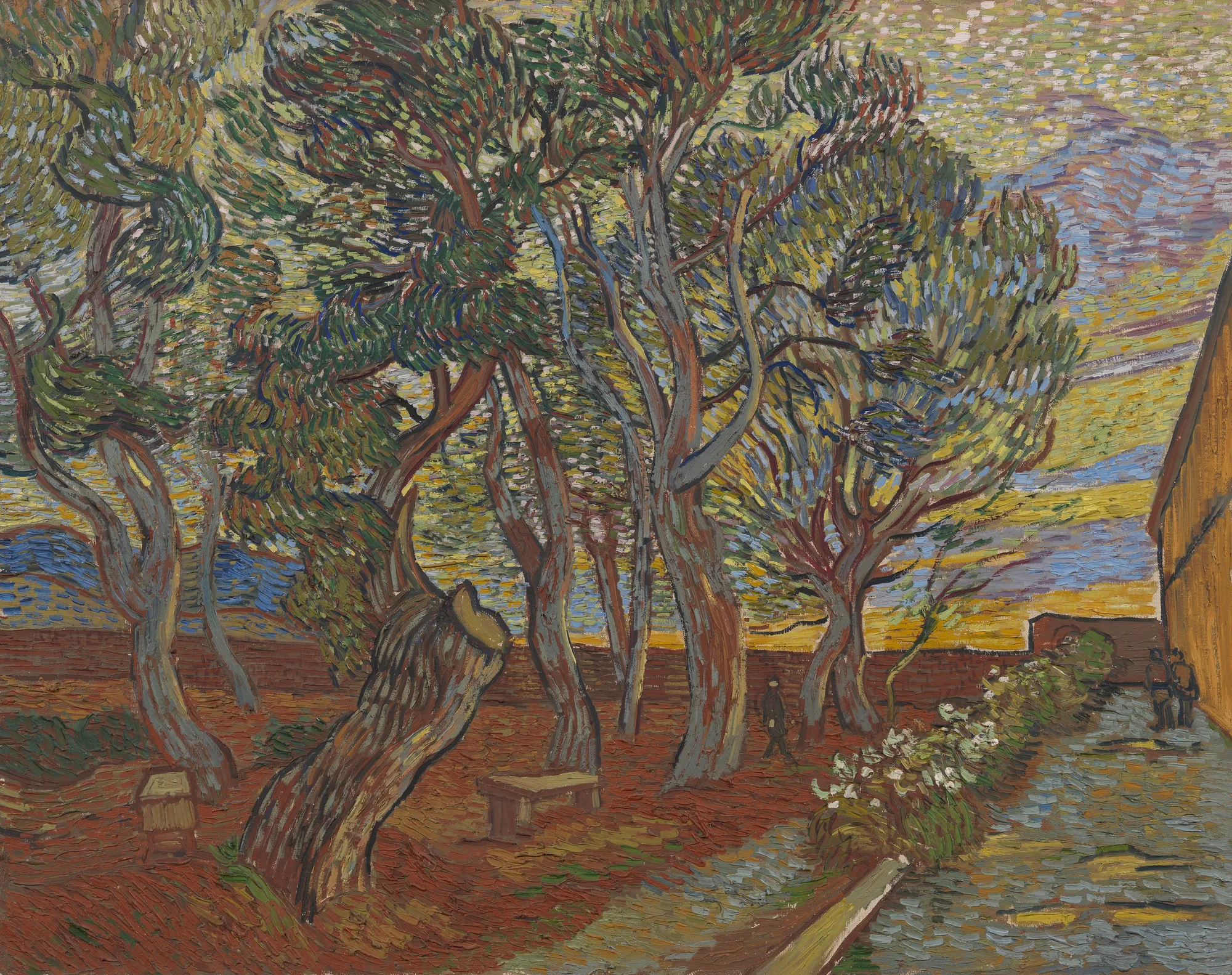 Garden of the Asylum Garden of the Asylum by Vincent van Gogh. A stand of pine trees with swirling branches dominates a garden scene featuring a sunlit path and a stone bench.