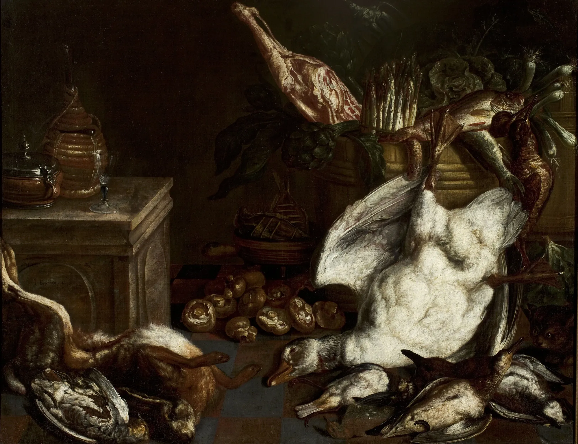 Still Life with Mushrooms Still Life with Mushrooms by Johann Baptiste Bouttats. A dramatic still life arrangement of game birds, a hare, mushrooms, a leg of meat, and various vegetables against a dark, moody background.
