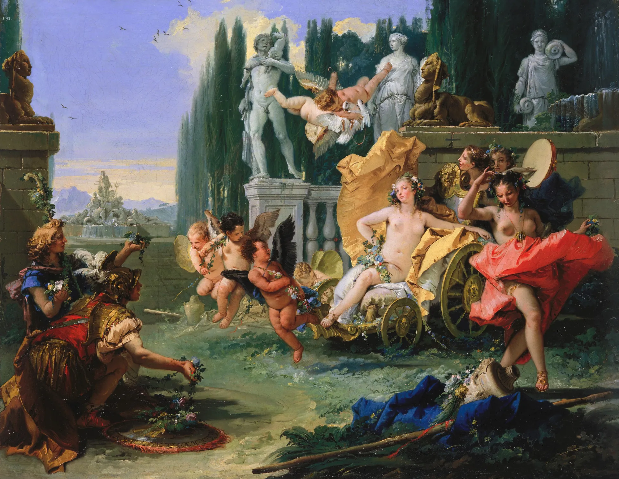 The Empire of Flora The Empire of Flora by Giovanni Battista Tiepolo. A vibrant Rococo scene featuring the goddess Flora in a golden chariot, surrounded by attendants and cherubs within a classical garden setting.