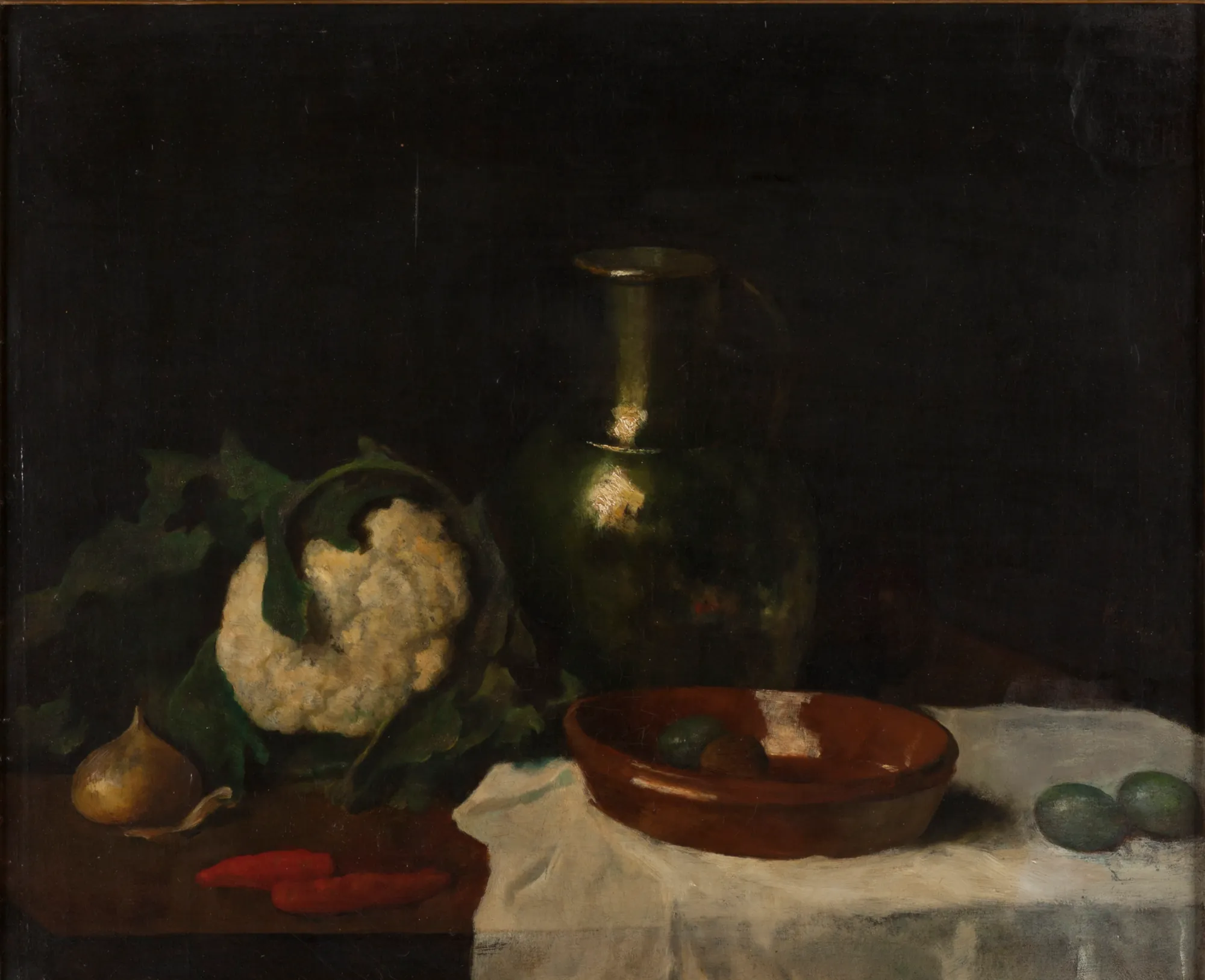 Still Life with Vegetables and a Copper Jug Still Life with Vegetables and a Copper Jug by Jacob Simon Hendrik Kever. A rustic still life arrangement featuring a cauliflower, onion, and carrots alongside a copper jug and ceramic bowl on a white cloth.