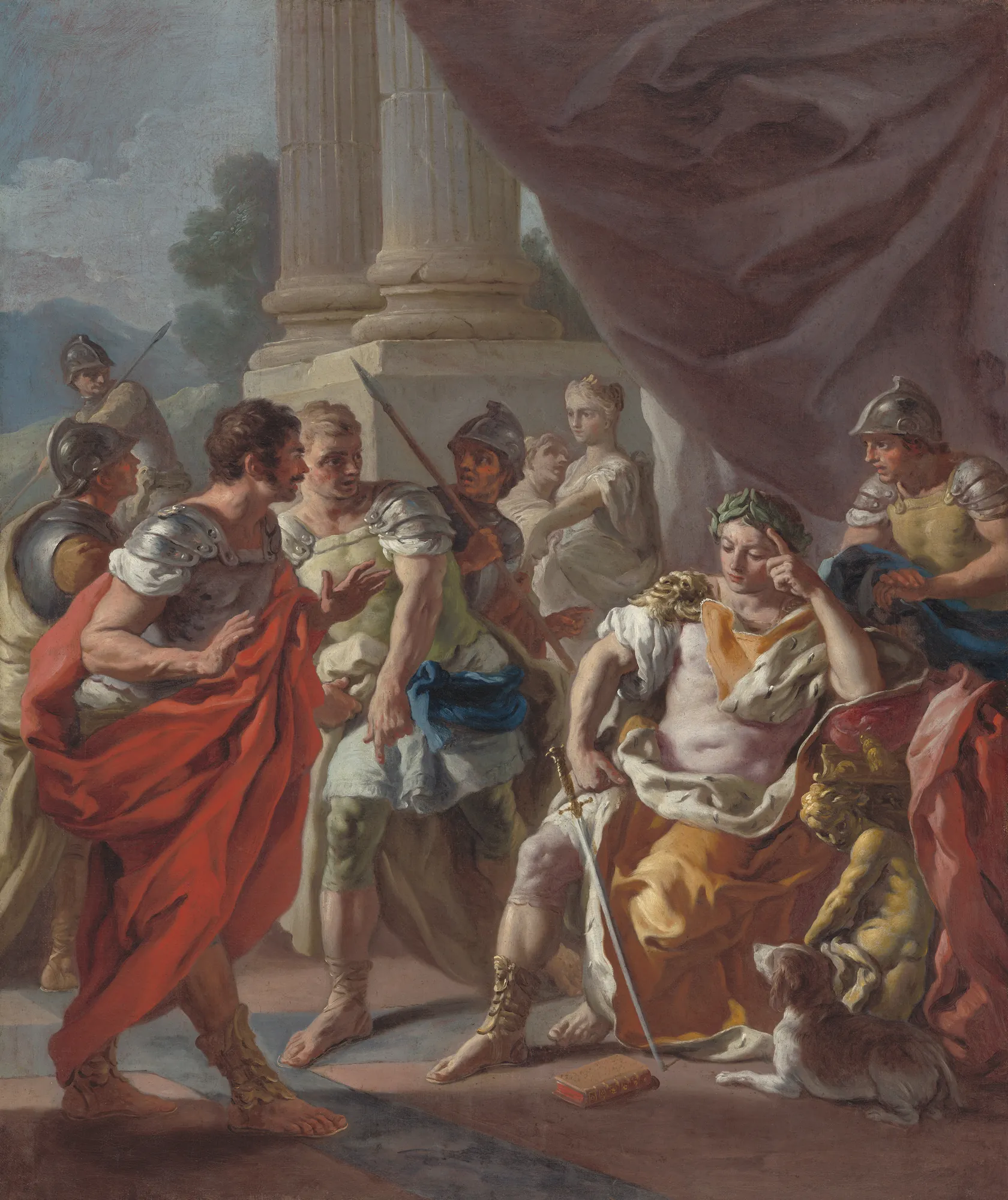 Alexander Condemning False Praise Alexander Condemning False Praise by Francesco de Mura. A group of classical figures, including soldiers and courtiers, surround the seated figure of Alexander the Great in an architectural setting with large columns.