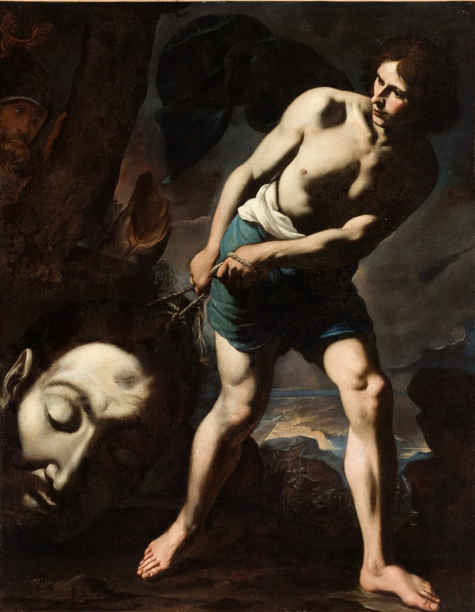 David with the Head of Goliath David with the Head of Goliath by Andrea Vaccaro. A muscular young David pulls the severed head of the giant Goliath by a rope against a dark, atmospheric background.