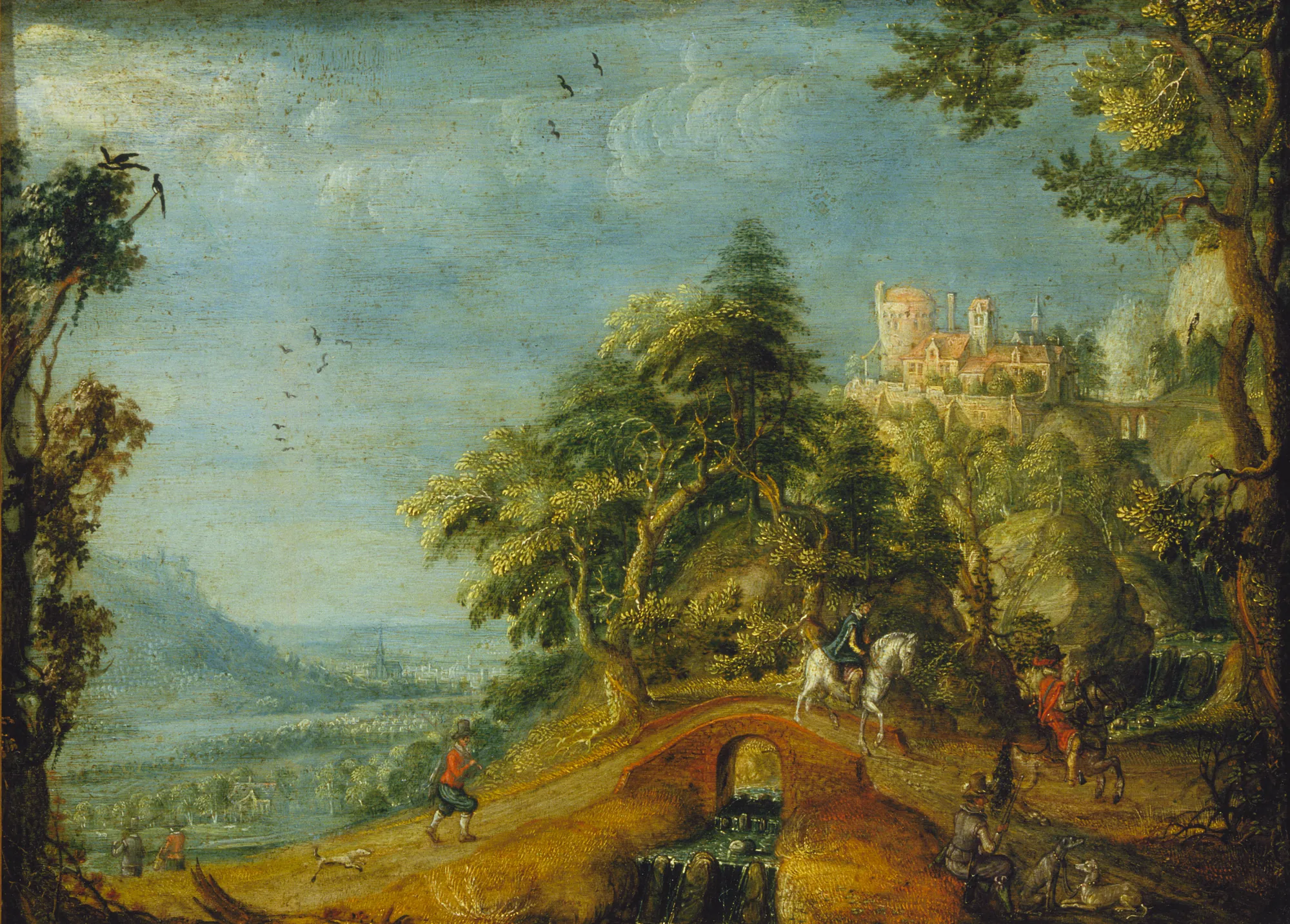 Landscape with Hunters Landscape with Hunters by Mattheus Molanus. A 17th-century hilly landscape featuring hunters and hounds crossing a small stone bridge, with a castle and a distant valley view.