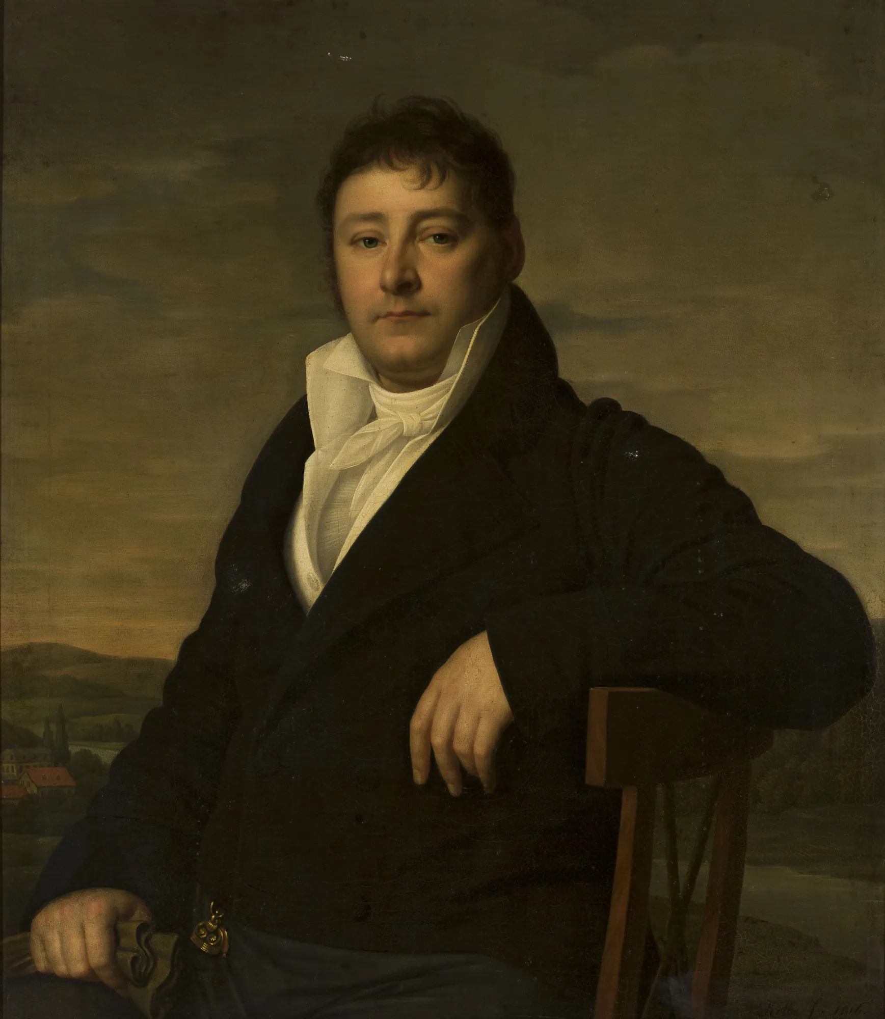 Portrait of Valentin Hellmann Portrait of Valentin Hellmann by Heinrich Christoph Kolbe. A half-length portrait of a seated man in a dark coat and high white cravat set against a twilight landscape.
