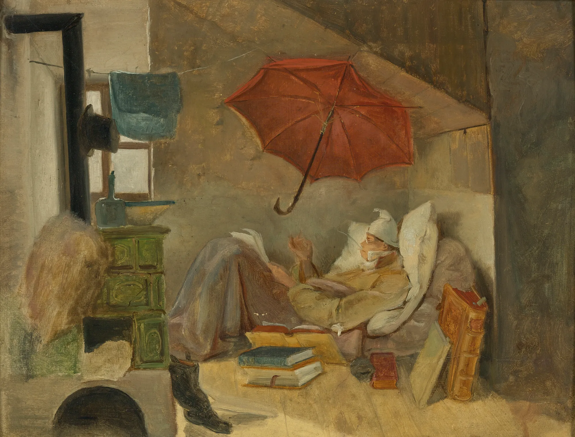 The Poor Poet The Poor Poet by Carl Spitzweg. A man lies in a bed in a cramped, humble attic room, surrounded by books and under a red umbrella suspended from the ceiling.