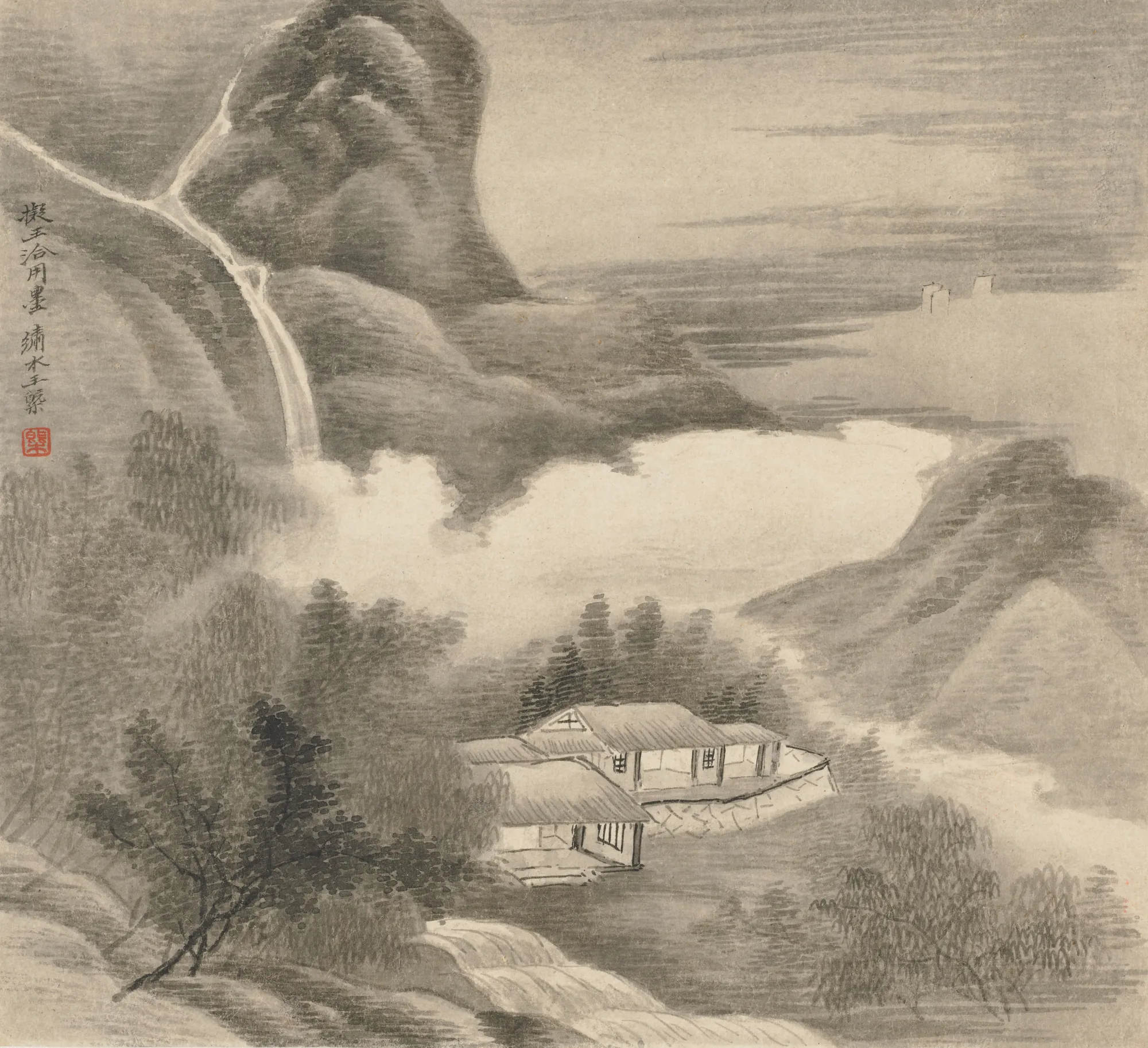 Landscape with Waterfall and Pavilion