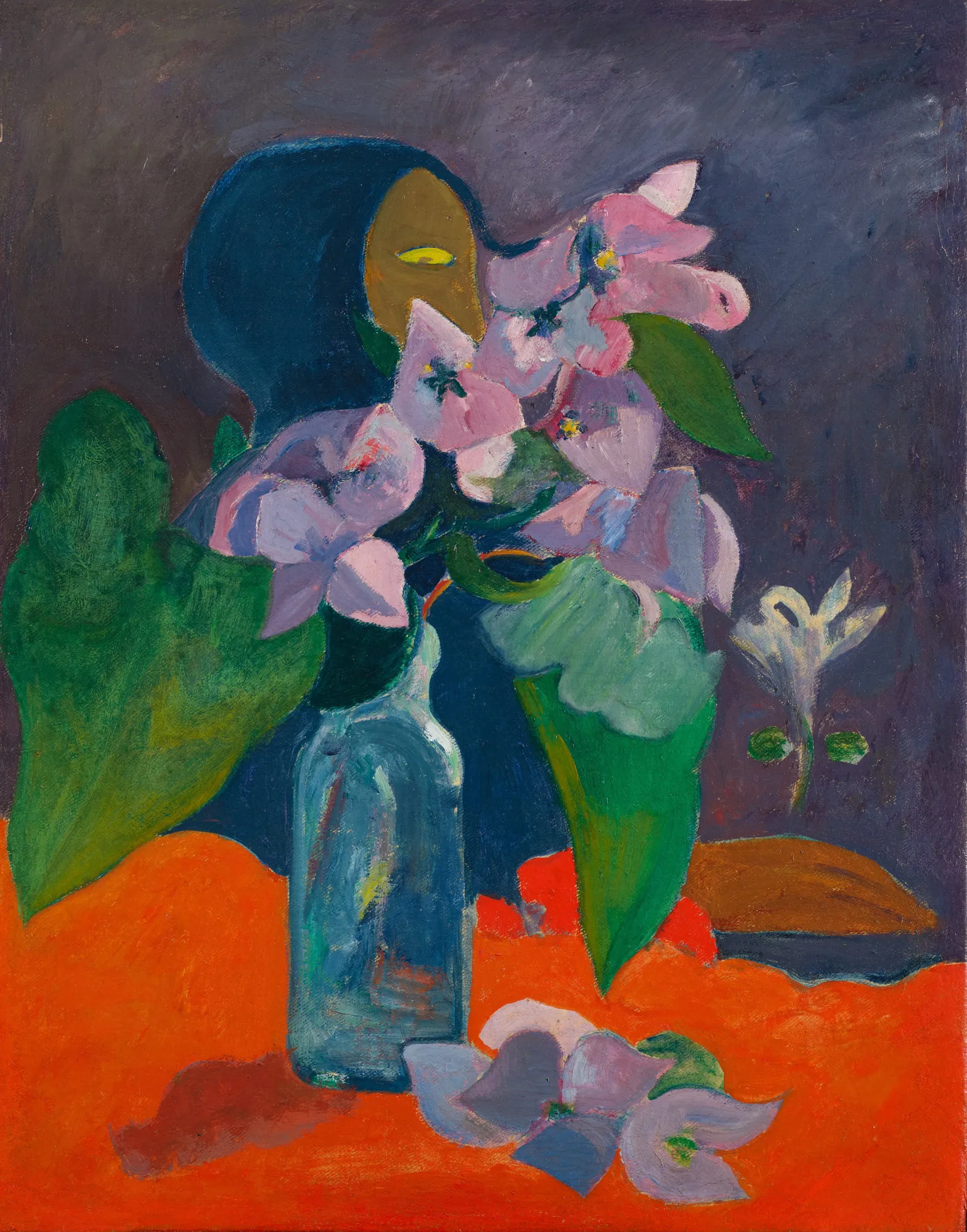 Still Life with Flowers and Idol Still Life with Flowers and Idol by Paul Gauguin. A vibrant still life featuring purple flowers in a glass bottle set against a bright orange foreground and a dark purple background containing a mysterious hooded figure.