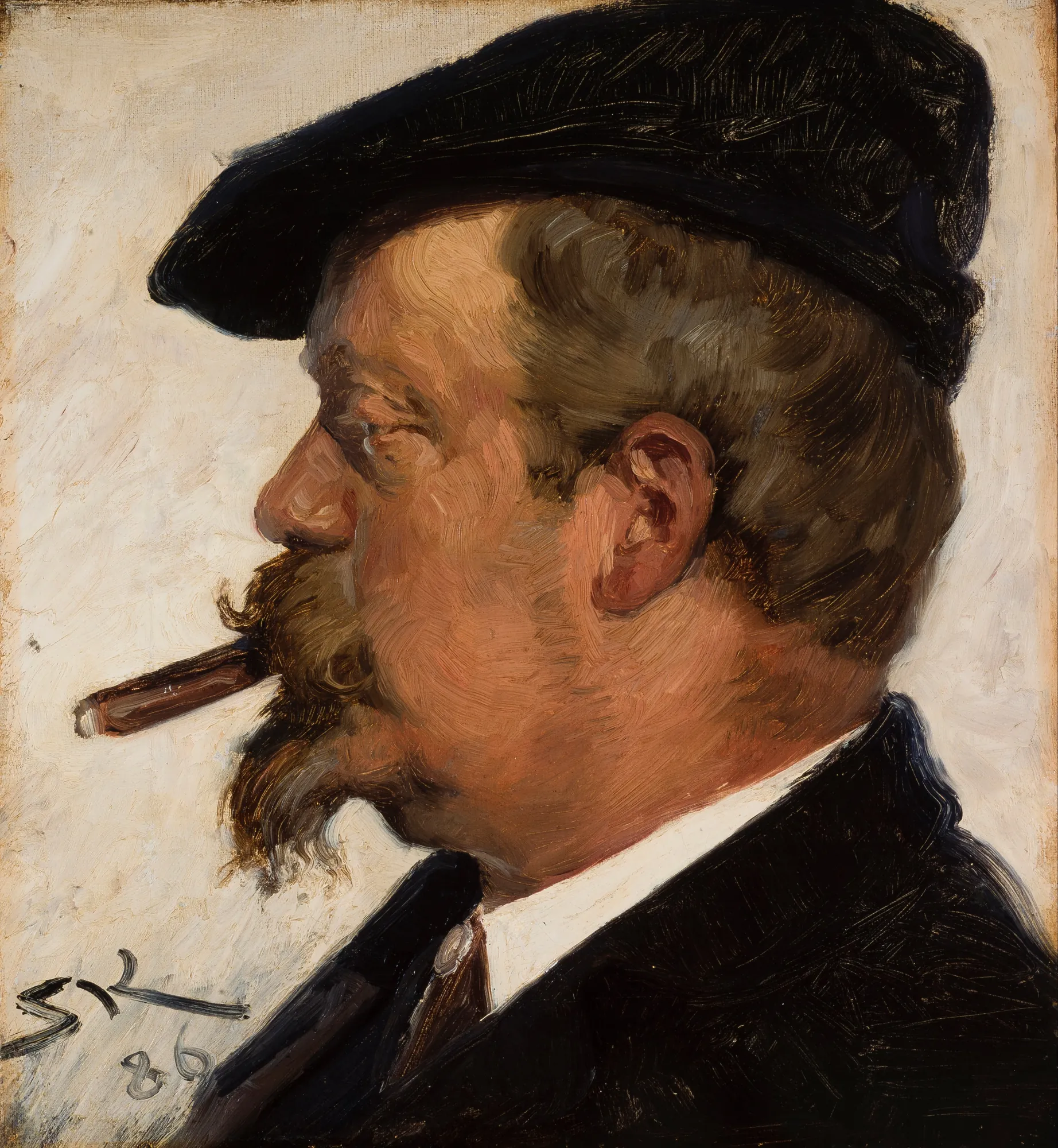 Vilhelm Rosenstand Vilhelm Rosenstand by Peder Severin Krøyer. An oil portrait in profile of a middle-aged man with a thick mustache and a black cap, smoking a cigar.