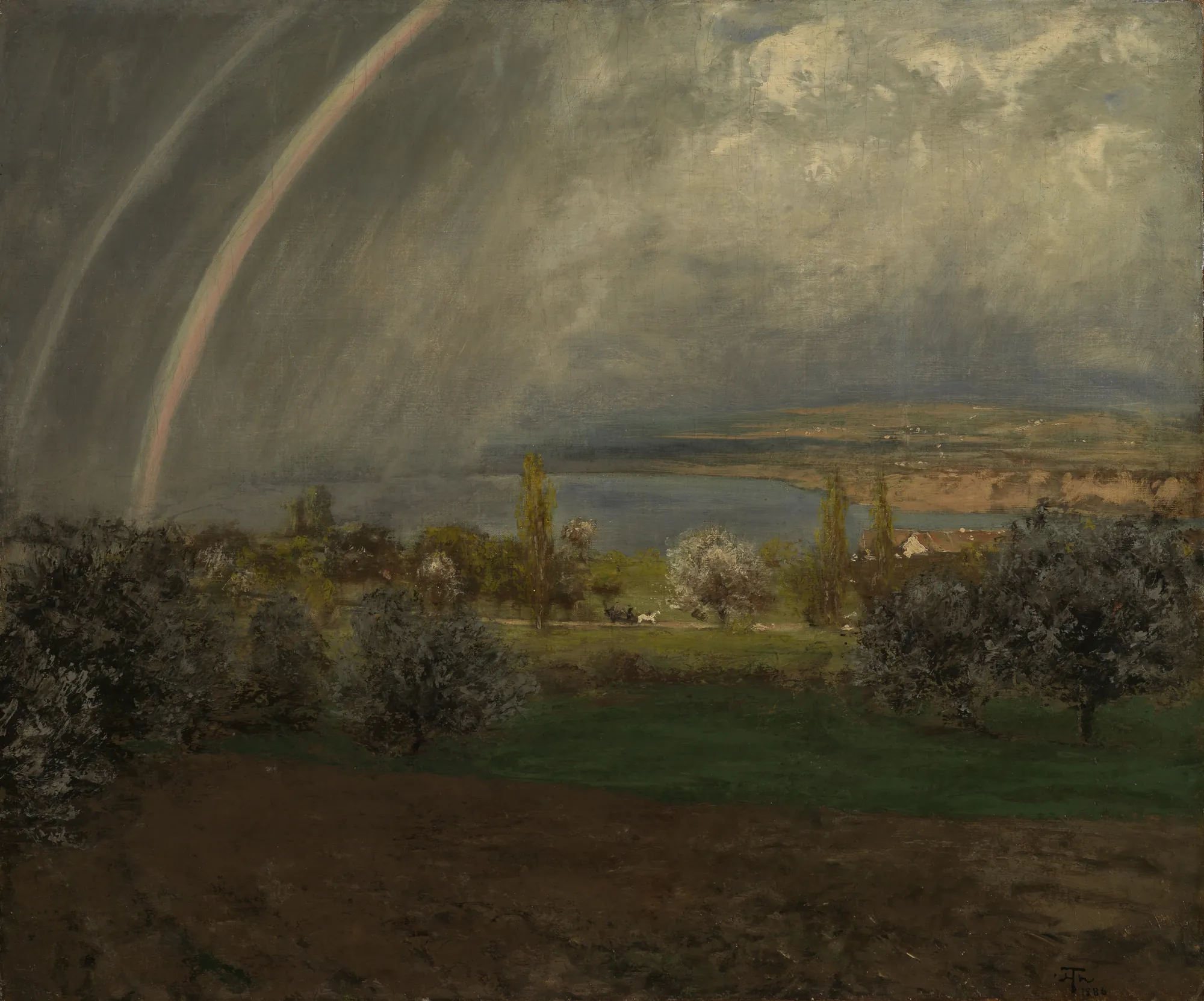 Landscape near Ermatingen Landscape near Ermatingen by Hans Thoma. A landscape painting showing a double rainbow over a lake and green countryside under a heavy, overcast sky.