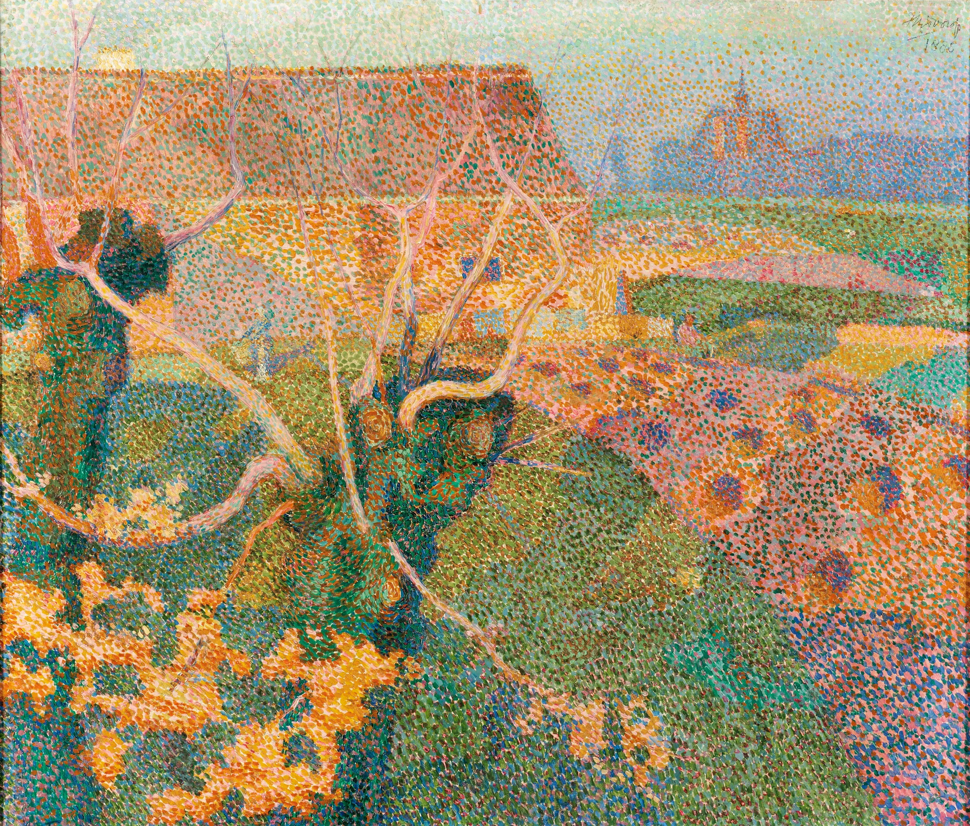 Les deux Saules Les deux Saules by Jan Toorop. A pointillist landscape featuring two gnarled willow trees in the foreground before a farm building under a pale sky.