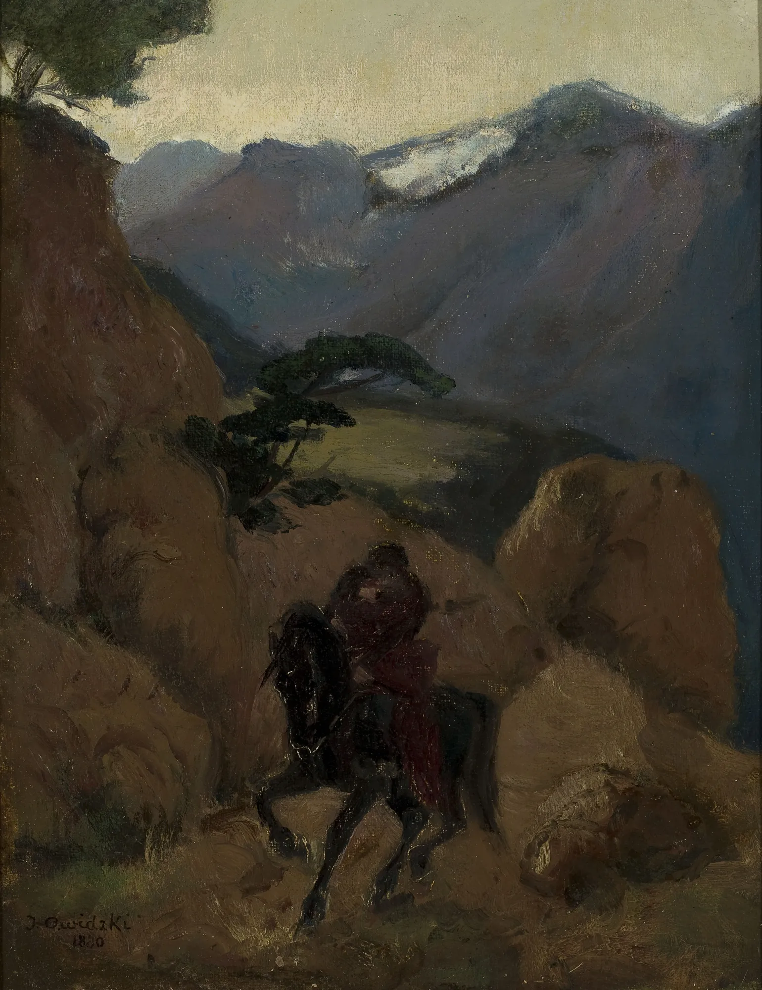 Abduction Scene Abduction Scene by Jan Owidzki. A lone rider on a dark horse carries a figure through a rugged, shadowed mountain pass under a pale, overcast sky.