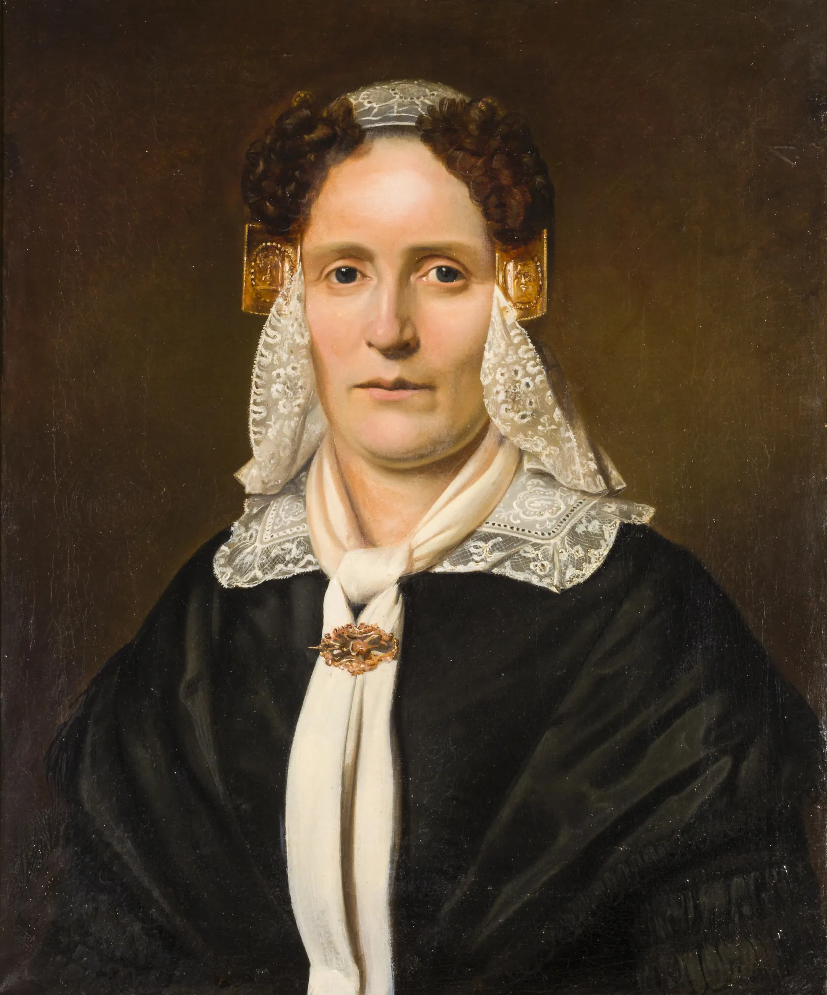 Portrait of Antje Cornelis Boon Portrait of Antje Cornelis Boon by Sybrand Altmann. A formal oil portrait of a 19th-century woman wearing intricate lace and gold jewelry against a dark background.