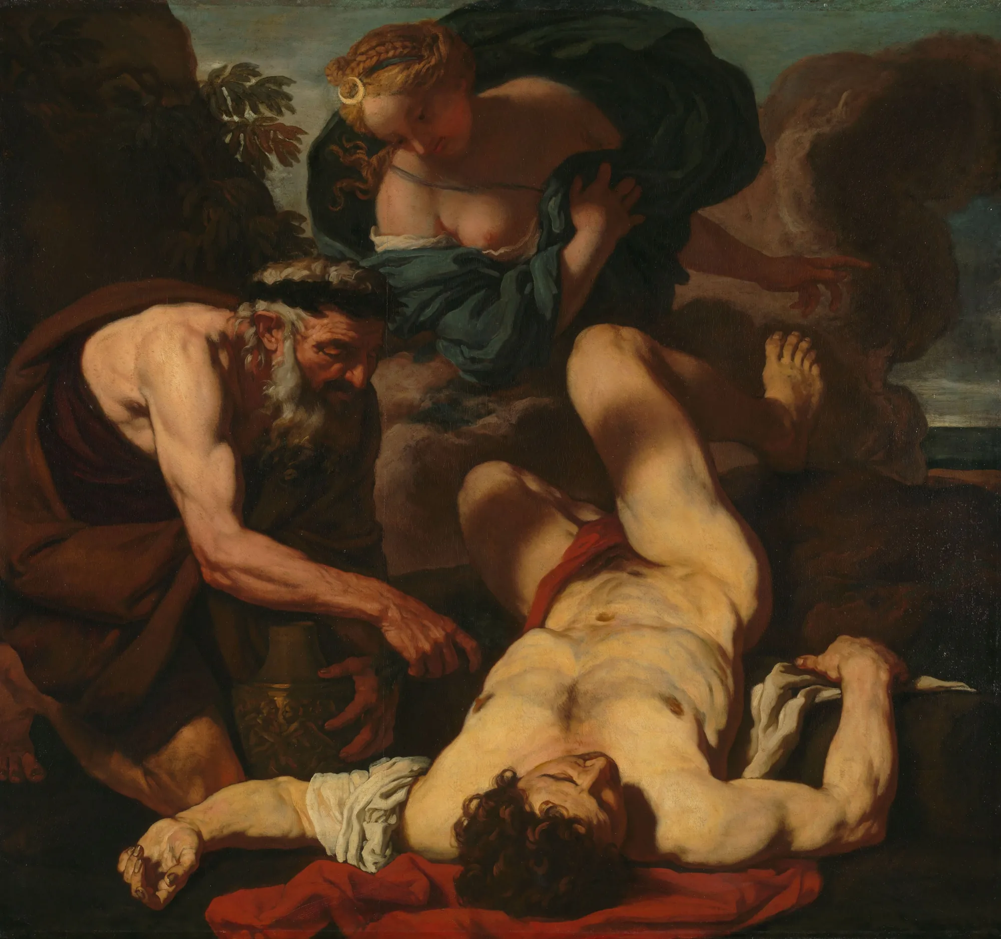 Selene and Endymion Selene and Endymion by Johann Carl Loth. A dramatic Baroque scene depicting the moon goddess Selene gazing down at the sleeping youth Endymion, while an older bearded figure stands by.