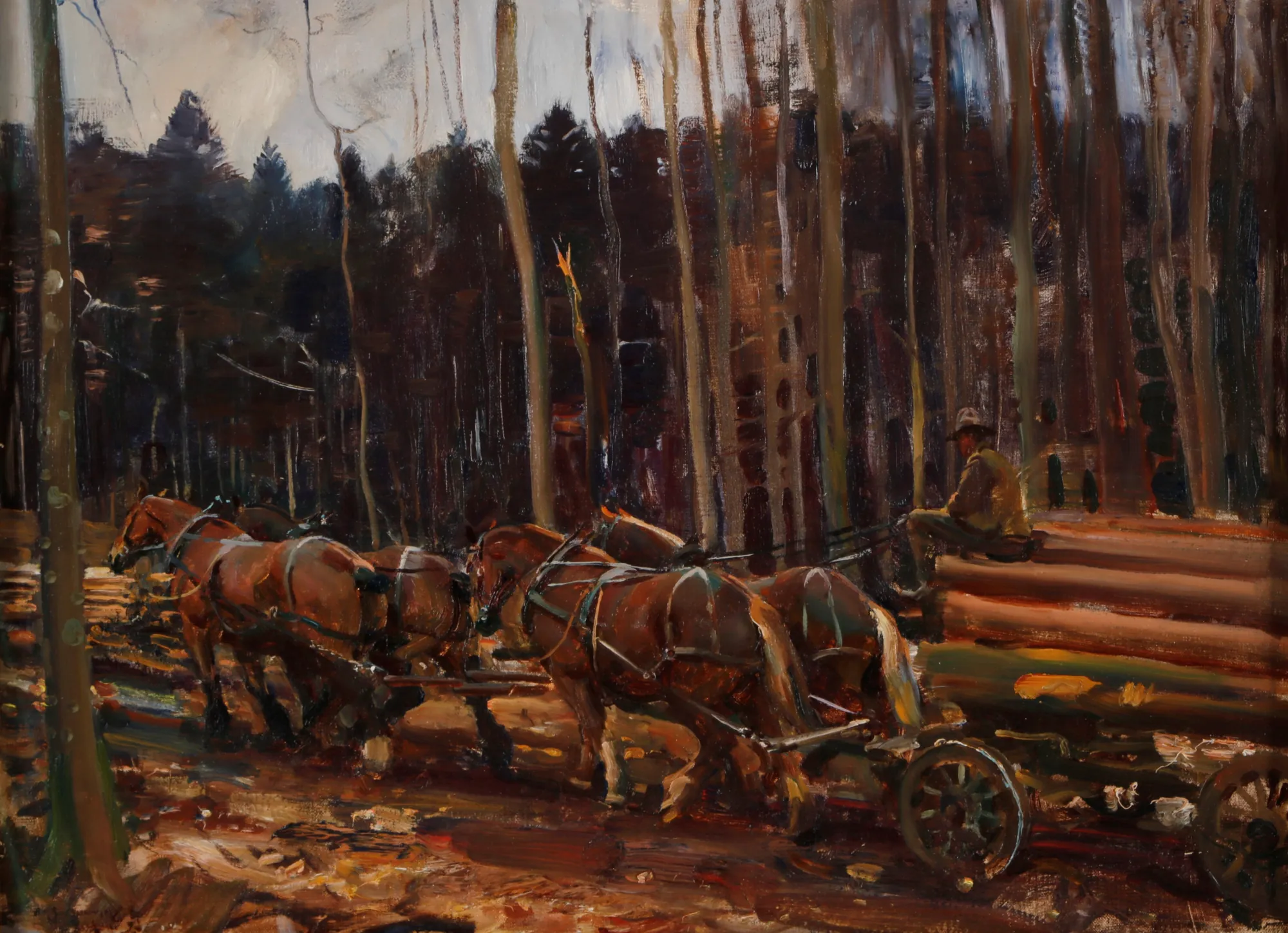 Four-Horse Team in the Forest Four-Horse Team in the Forest by Alfred Munnings. A team of four brown horses pulls a cart laden with large logs through a dense, shadowy forest under a pale sky.