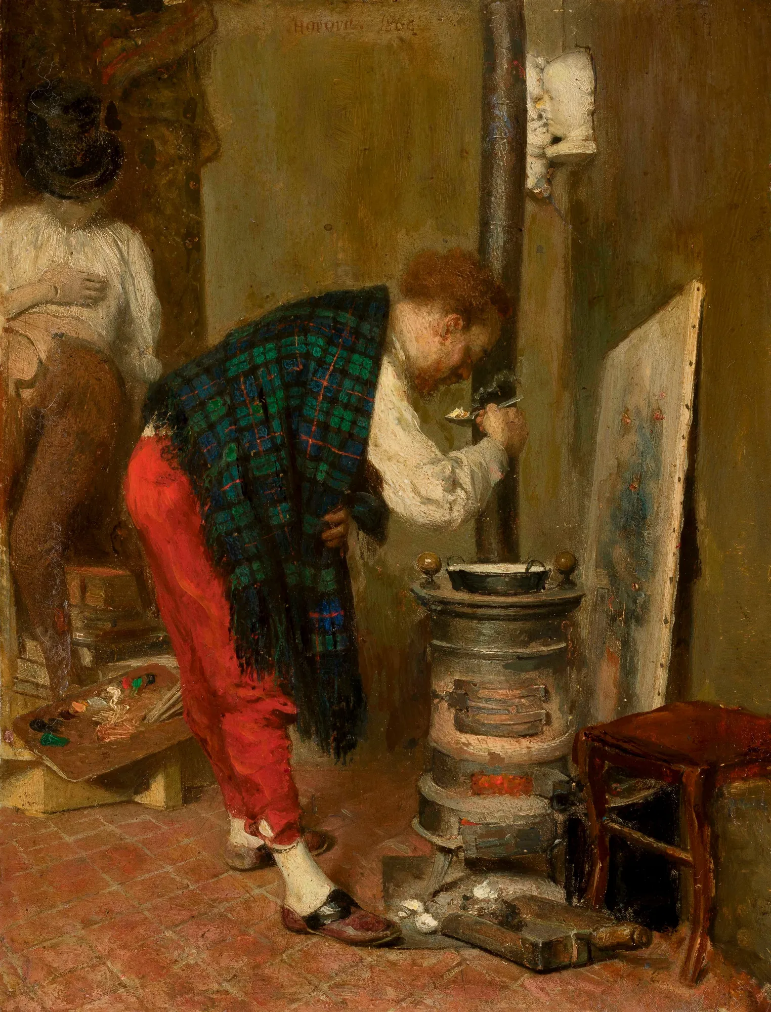 Artist's Studio with Self-Portrait Artist's Studio with Self-Portrait by Leopold Horovitz. An artist wearing a vibrant green plaid shawl and red trousers stands in a cluttered studio, tending to a small wood stove while surrounded by canvases and tools.