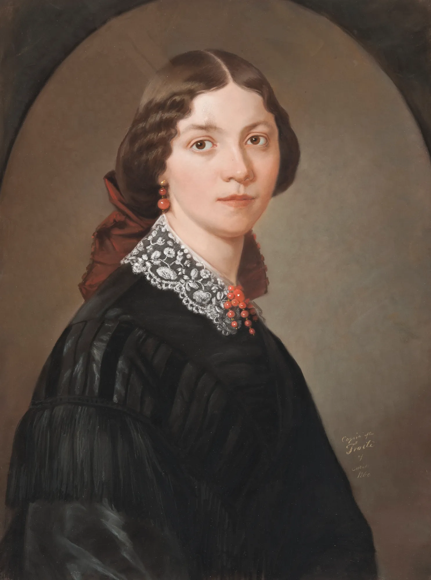 Charlotta "Lotten" Lindblad Charlotta "Lotten" Lindblad by Maria Röhl. A waist-length portrait of a woman with dark hair in a black dress, featuring a prominent white lace collar and red coral jewelry.