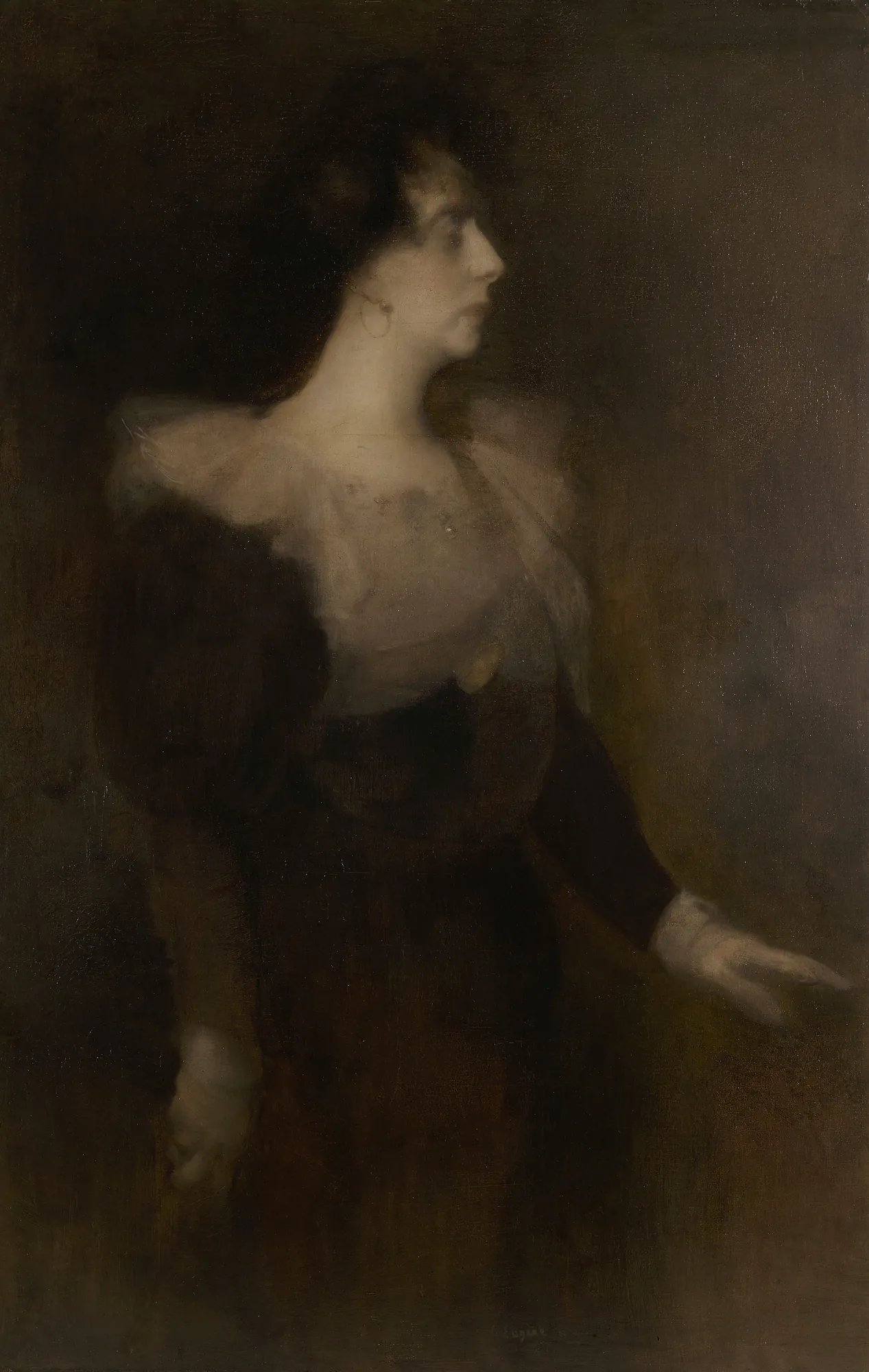 Portrait of Pauline Ménard-Dorian Portrait of Pauline Ménard-Dorian by Eugène Carrière. A profile portrait of a woman enveloped in a soft, monochromatic brown haze, wearing a gown with a large ruffled collar.