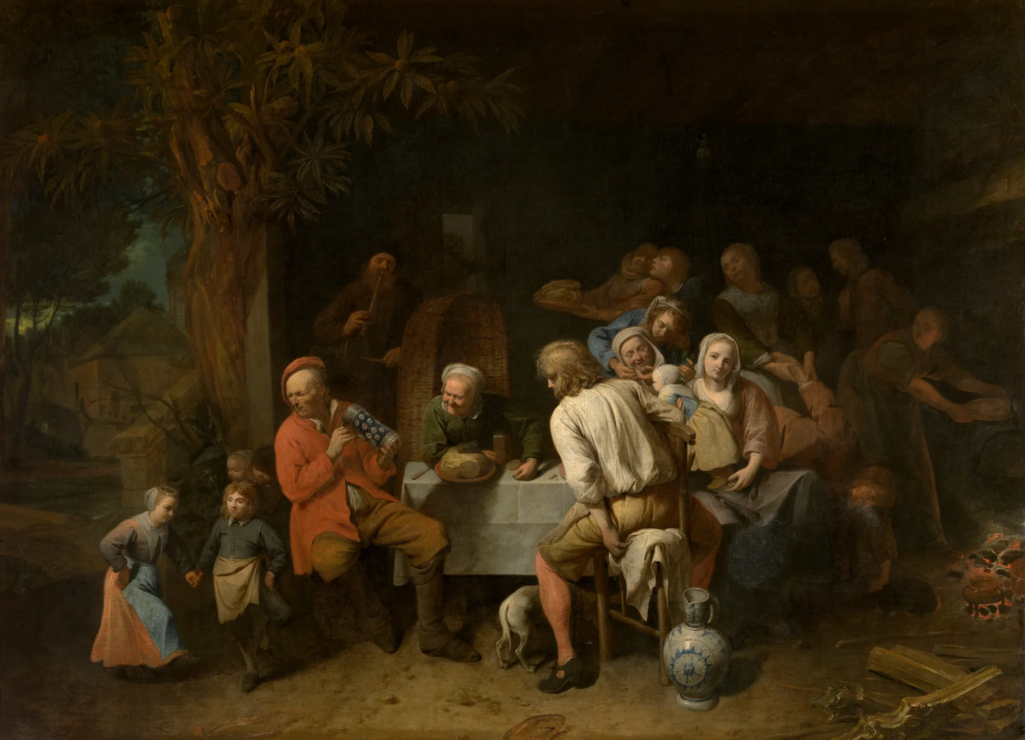 Peasant Meal Peasant Meal by David Ryckaert III. A lively gathering of peasants around a table in a rustic interior, featuring children dancing, people eating, and a man in a red coat holding a tankard.