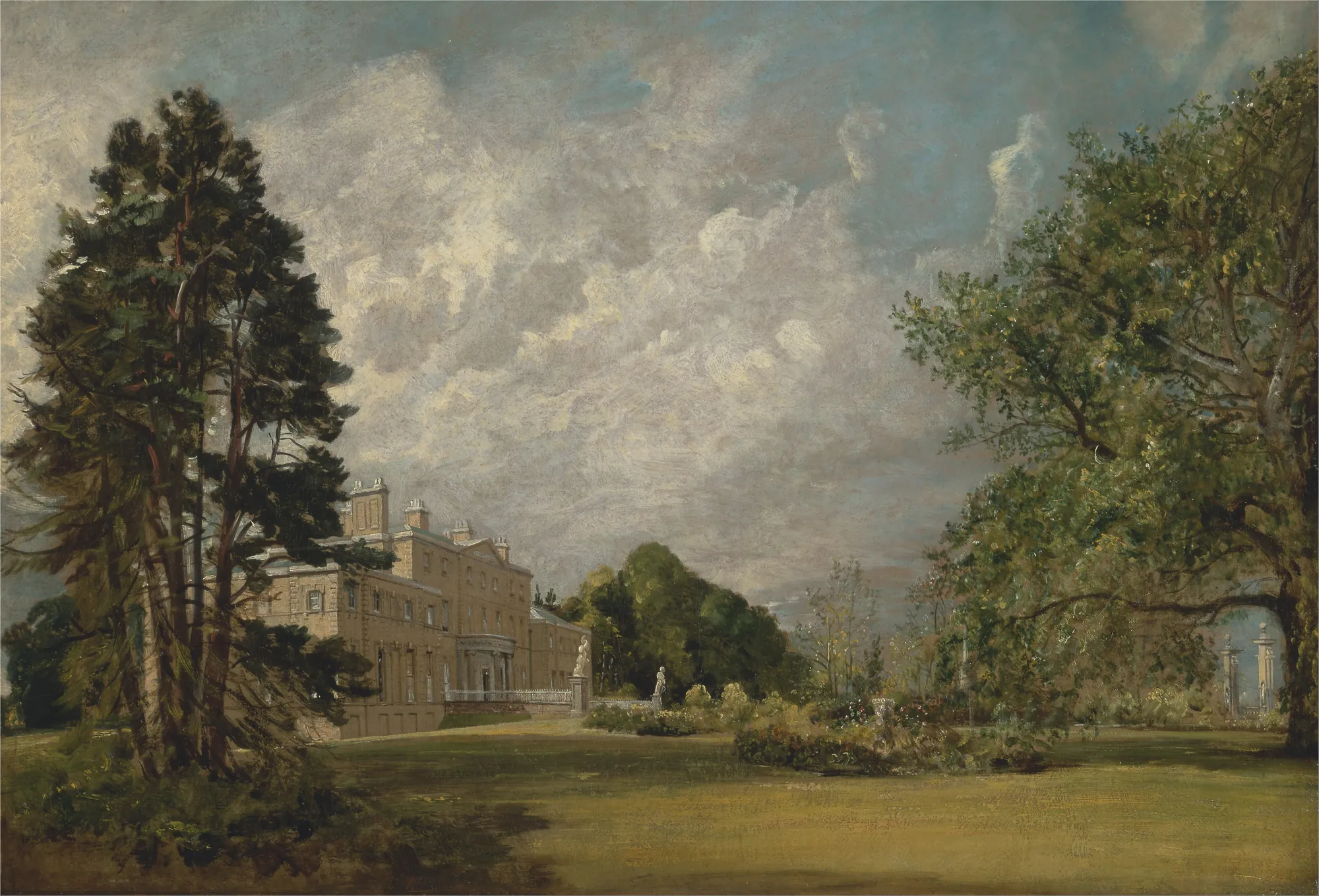 Malvern Hall, Warwickshire Malvern Hall, Warwickshire by John Constable. A grand English manor house is depicted from across a wide lawn, framed by large, dark evergreens and a sweeping, cloudy sky.